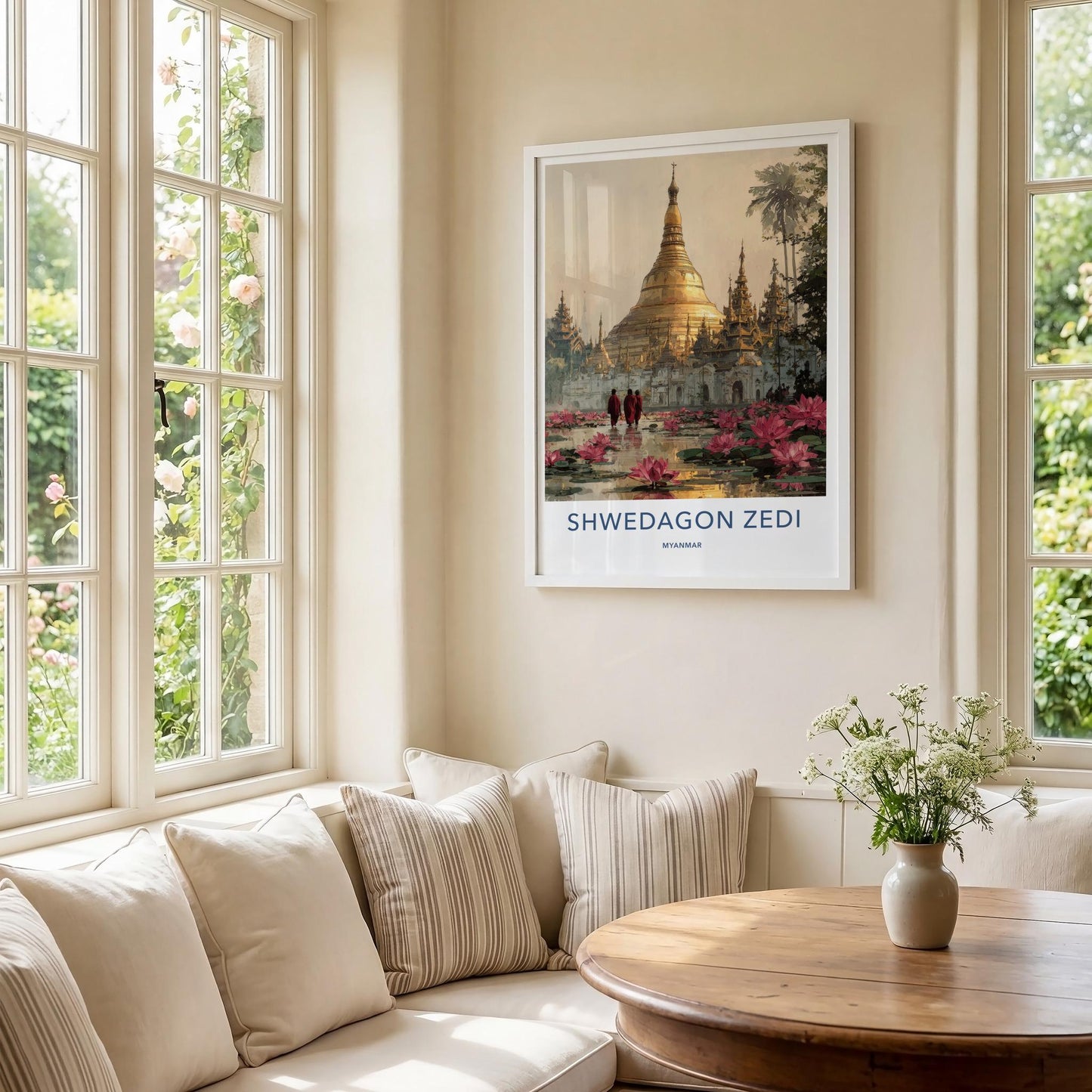 Shwedagon Zedi Poster - Myanmar Travel Art - Golden Pagoda Lotuses Home Decor