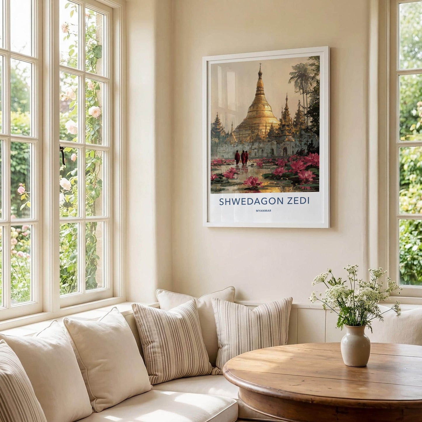 Shwedagon Zedi Poster - Myanmar Travel Art - Golden Pagoda Lotuses Home Decor