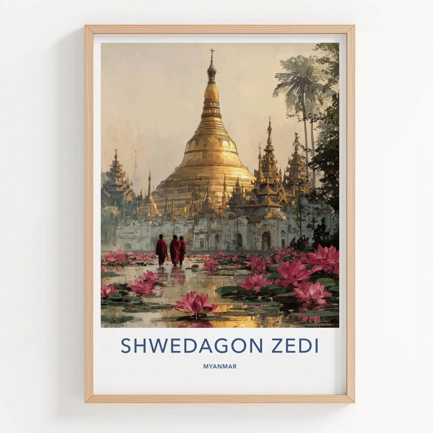 Shwedagon Zedi Poster - Myanmar Travel Art - Golden Pagoda Lotuses Home Decor