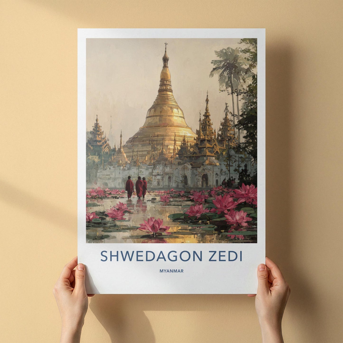Shwedagon Zedi Poster - Myanmar Travel Art - Golden Pagoda Lotuses Home Decor