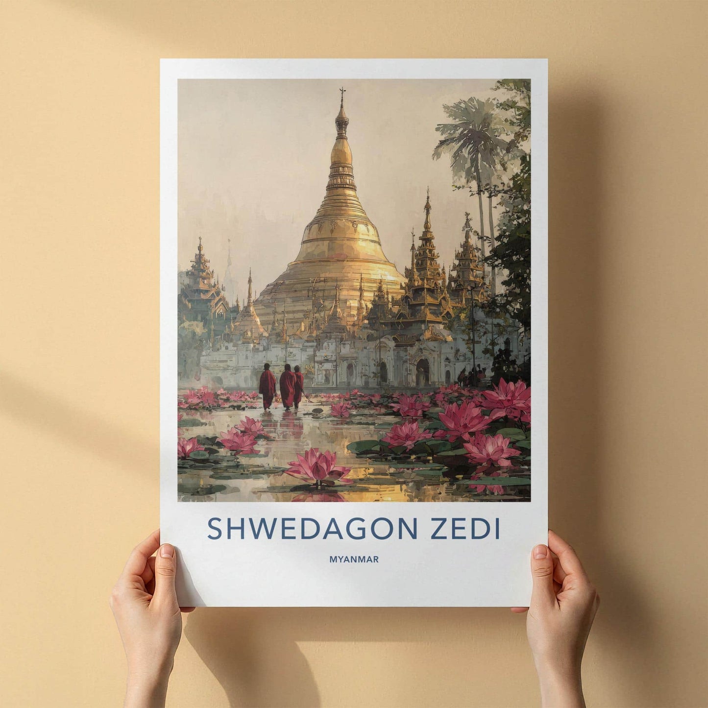 Shwedagon Zedi Poster - Myanmar Travel Art - Golden Pagoda Lotuses Home Decor