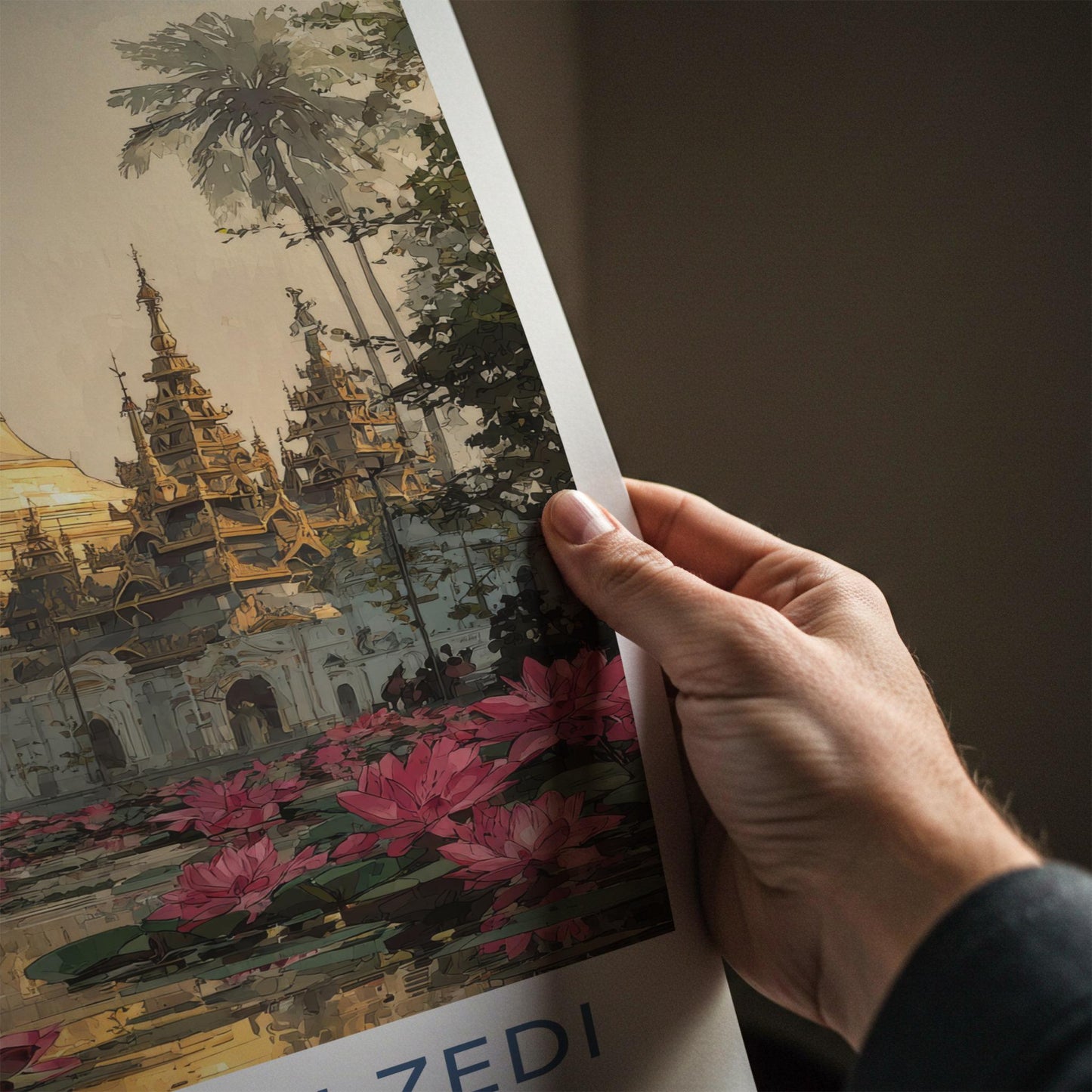 Shwedagon Zedi Poster - Myanmar Travel Art - Golden Pagoda Lotuses Home Decor