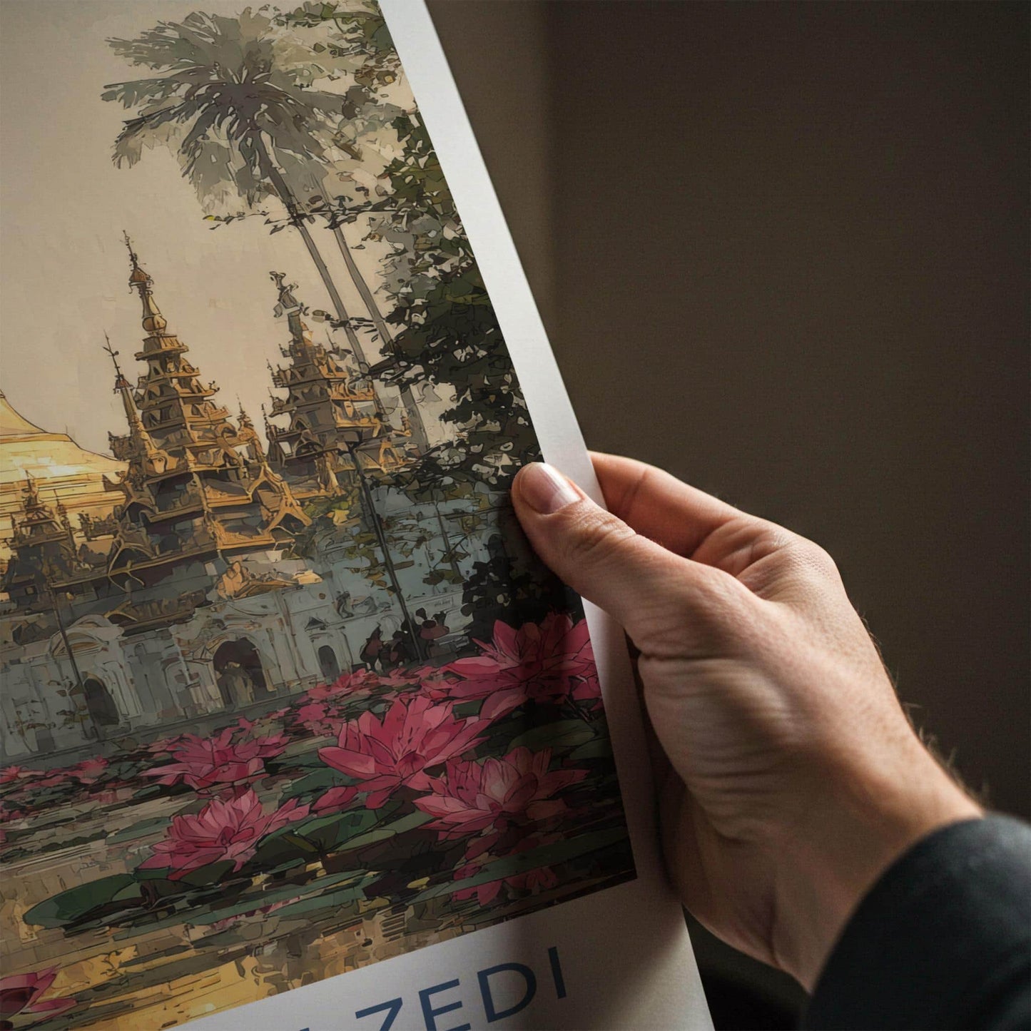 Shwedagon Zedi Poster - Myanmar Travel Art - Golden Pagoda Lotuses Home Decor