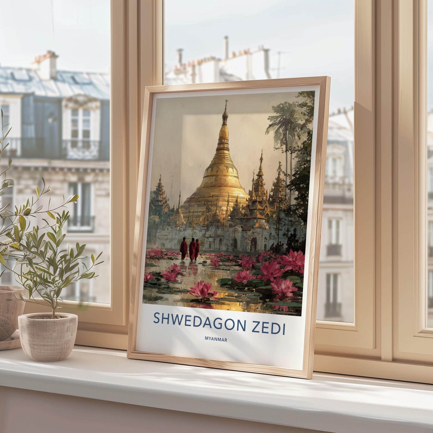 Shwedagon Zedi Poster - Myanmar Travel Art - Golden Pagoda Lotuses Home Decor
