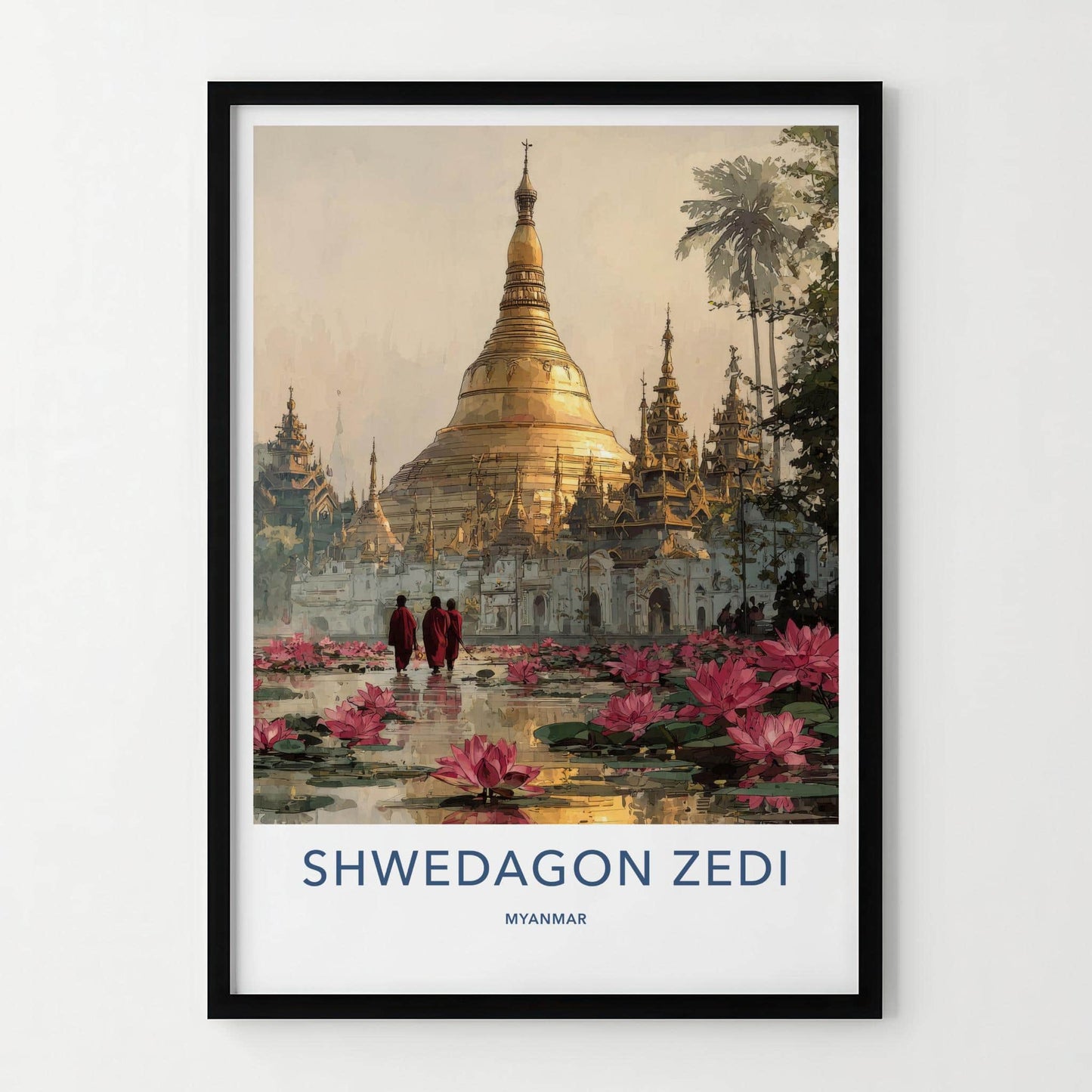 Shwedagon Zedi Poster - Myanmar Travel Art - Golden Pagoda Lotuses Home Decor
