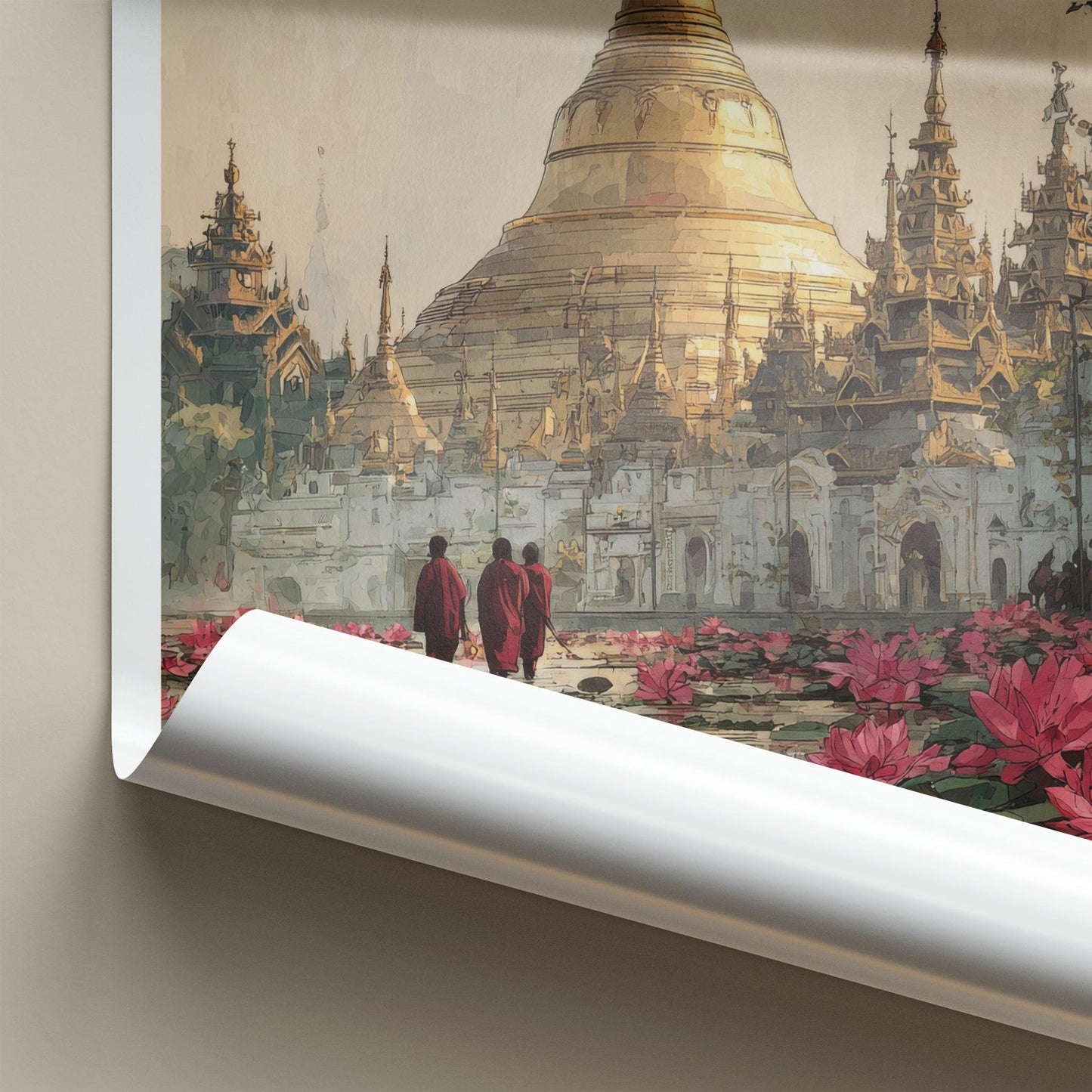 Shwedagon Zedi Poster - Myanmar Travel Art - Golden Pagoda Lotuses Home Decor