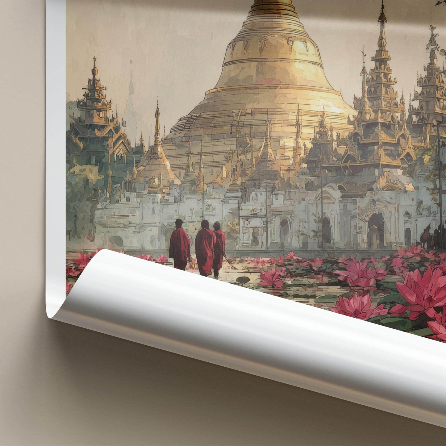 Shwedagon Zedi Poster - Myanmar Travel Art - Golden Pagoda Lotuses Home Decor
