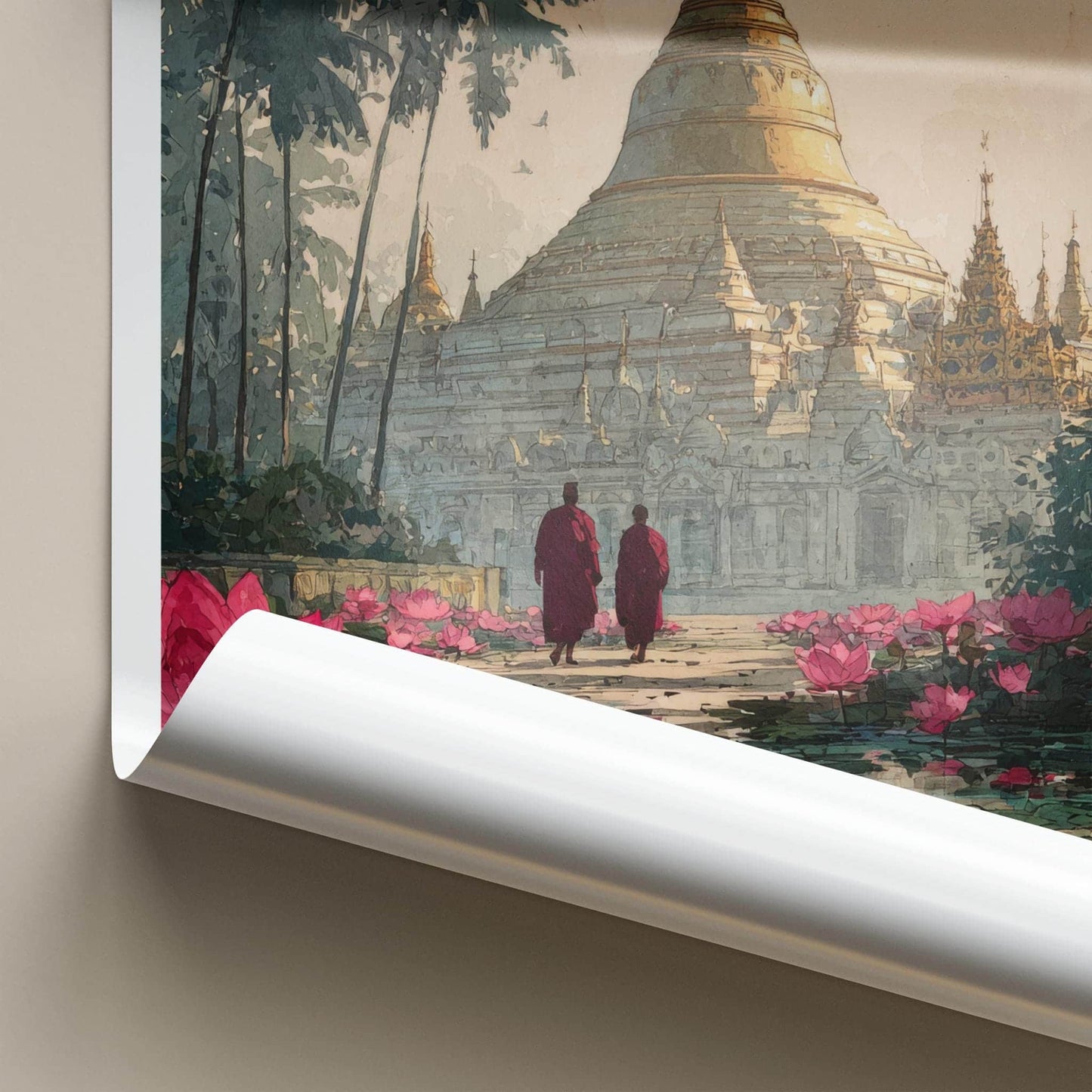 Shwedagon Zedi Poster - Myanmar Travel Art - Monks Lotus Pagoda Home Decor