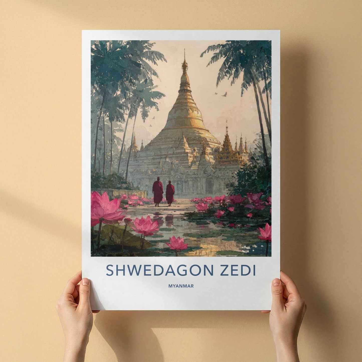 Shwedagon Zedi Poster - Myanmar Travel Art - Monks Lotus Pagoda Home Decor