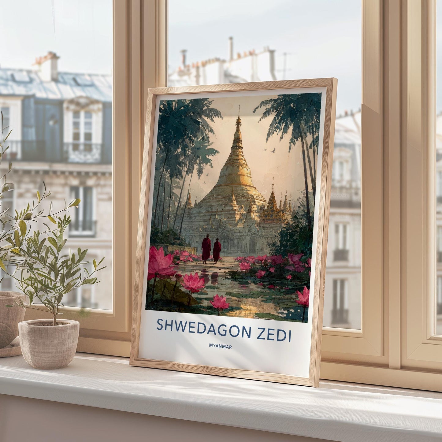 Shwedagon Zedi Poster - Myanmar Travel Art - Monks Lotus Pagoda Home Decor