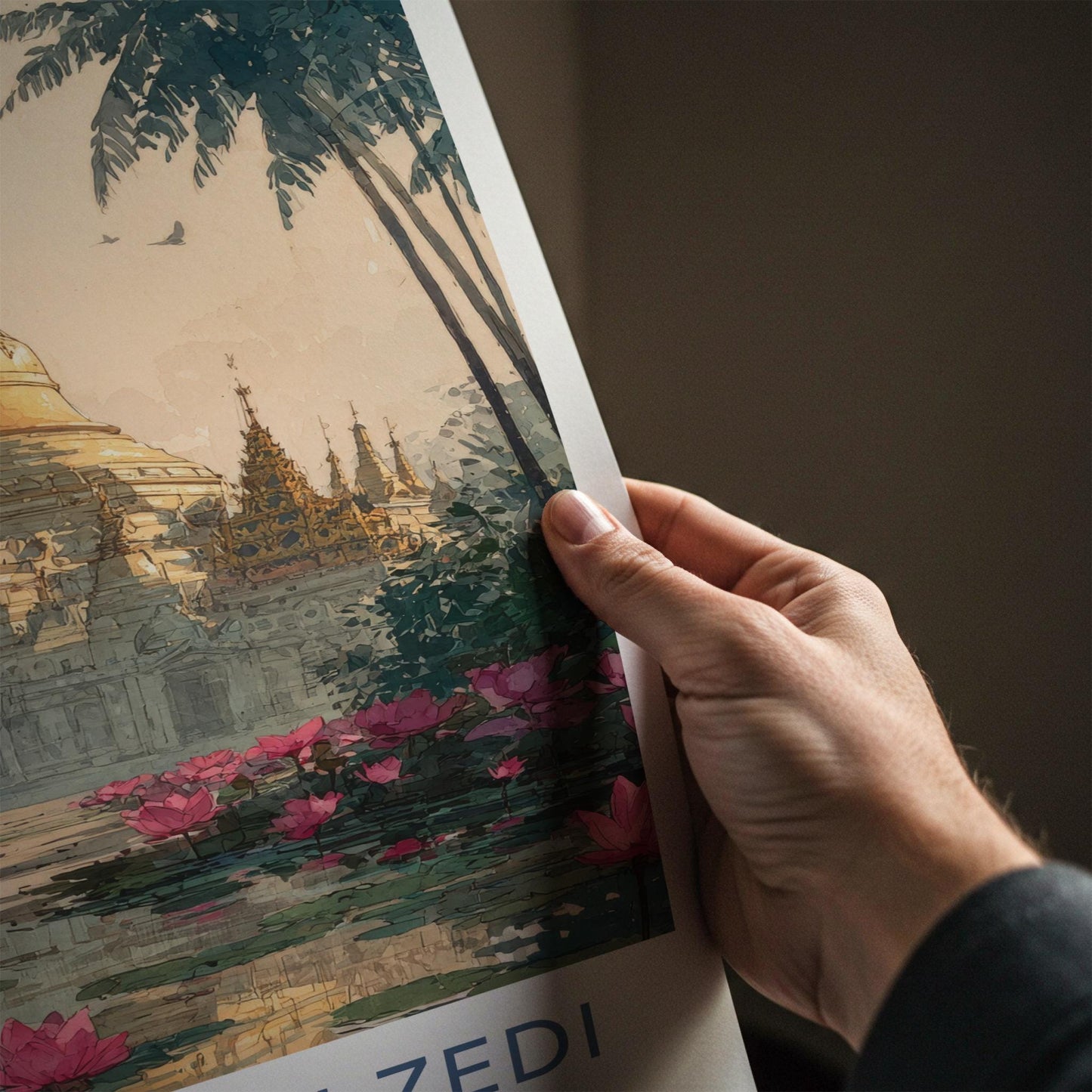 Shwedagon Zedi Poster - Myanmar Travel Art - Monks Lotus Pagoda Home Decor