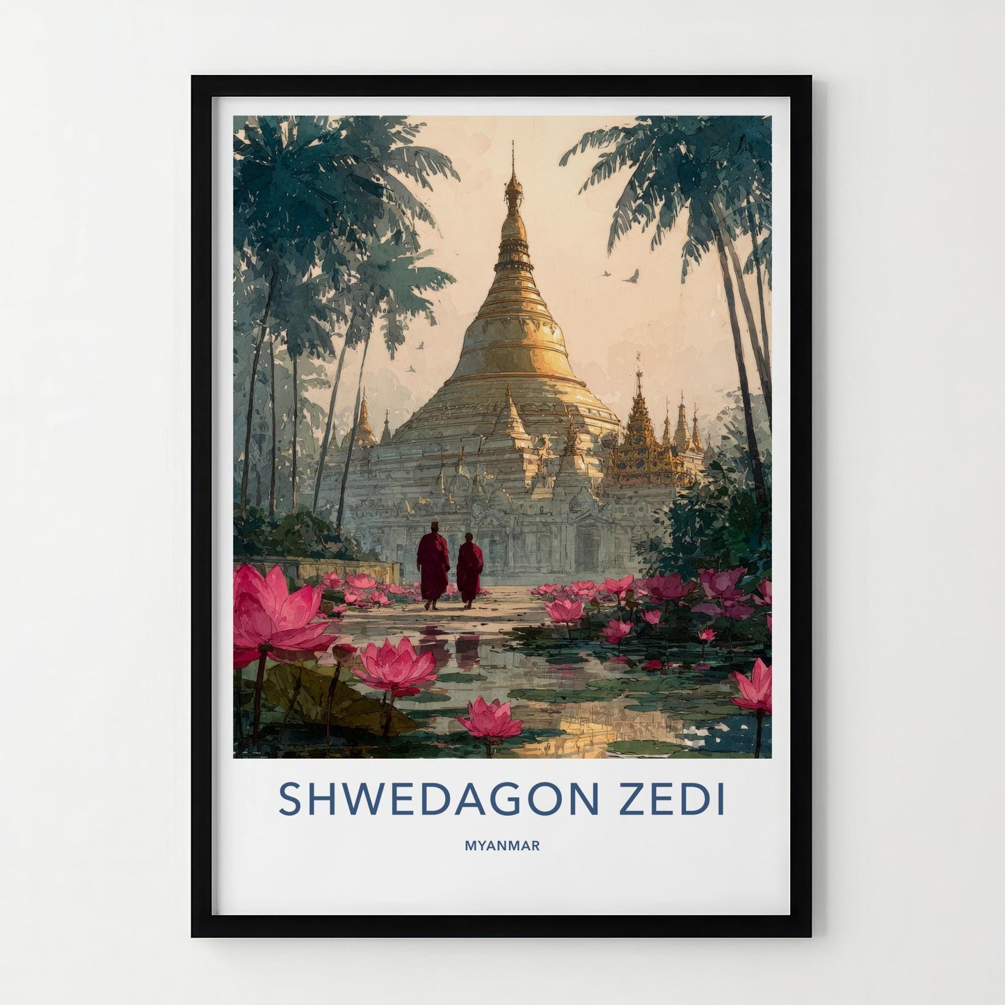 Shwedagon Zedi Poster - Myanmar Travel Art - Monks Lotus Pagoda Home Decor