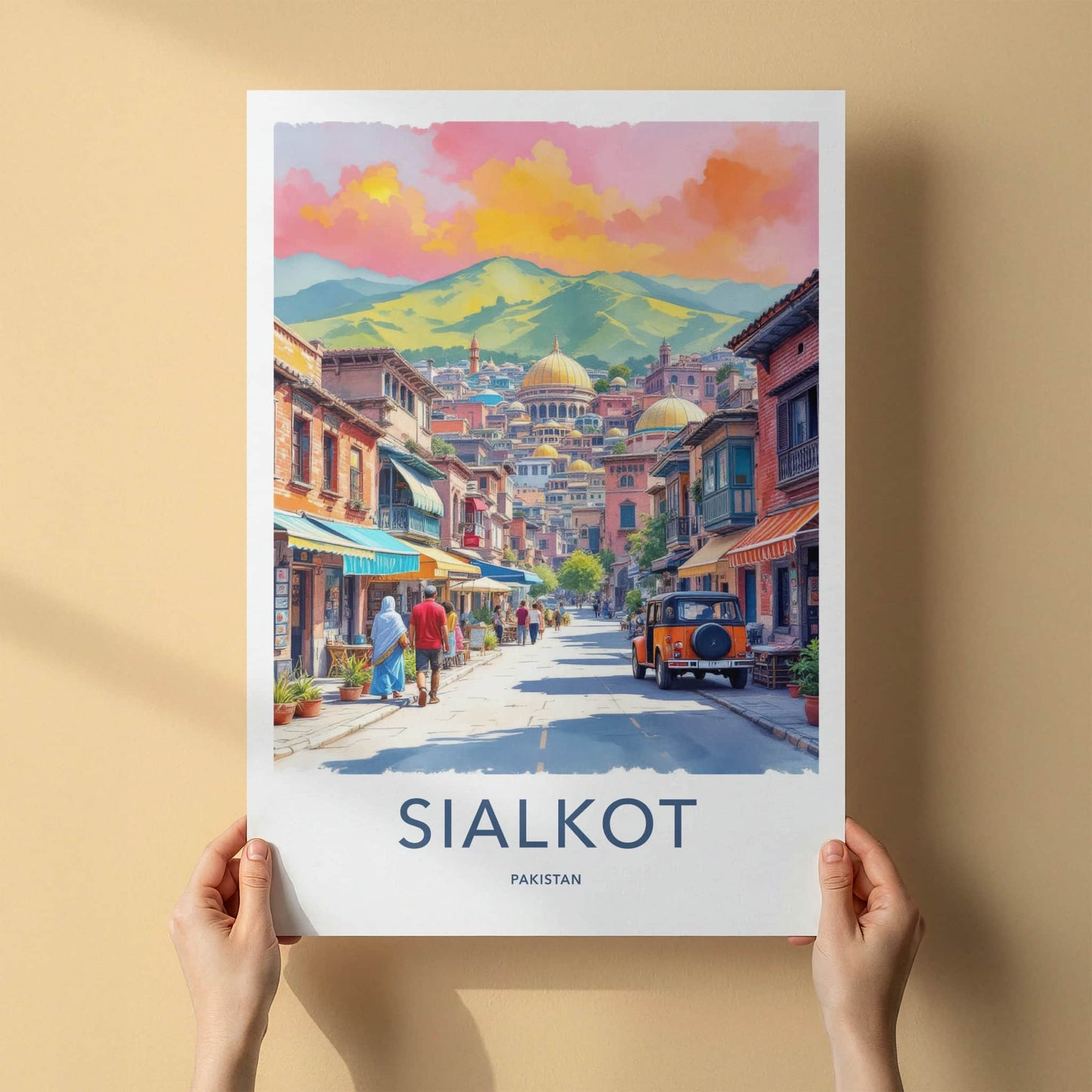 Sialkot Poster - Pakistan Travel Art - Mountainous Cityscape Domes Wall Decor