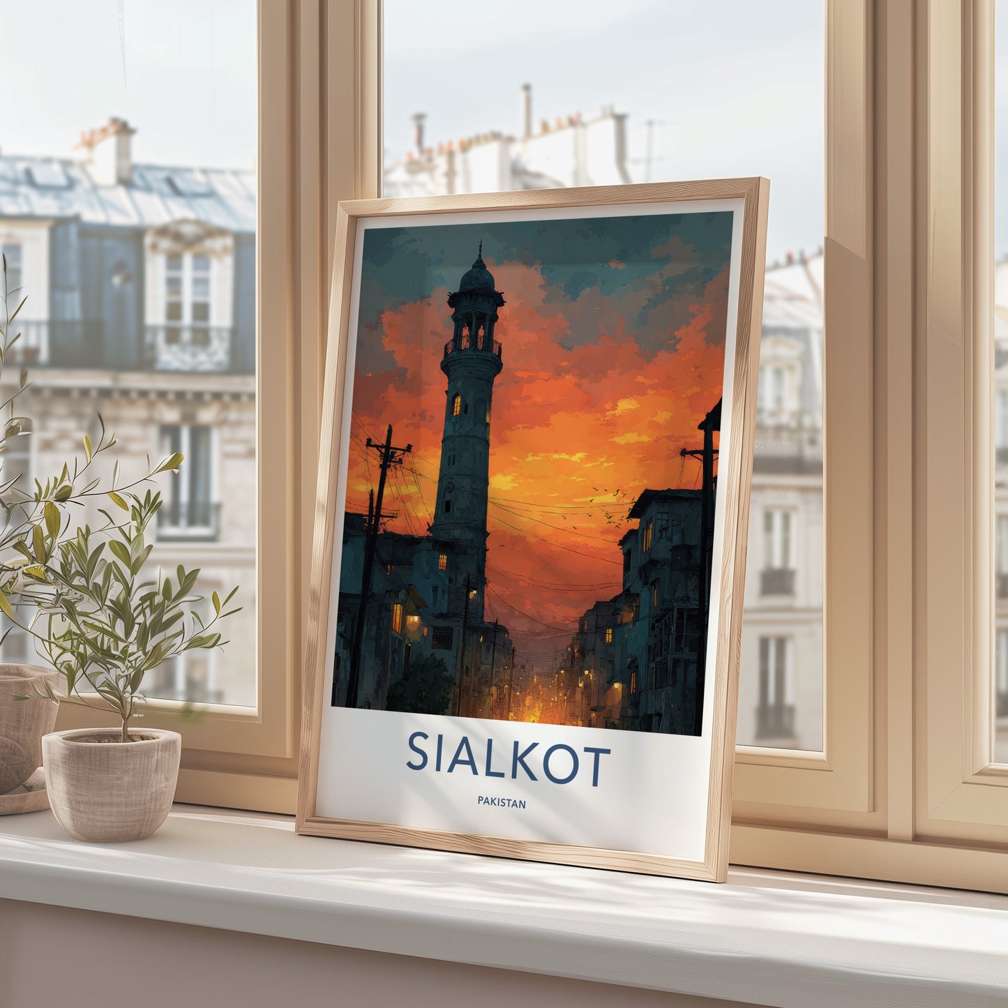 Sialkot Poster - Pakistan Travel Art - Sunset Minaret Lights Wall Decor