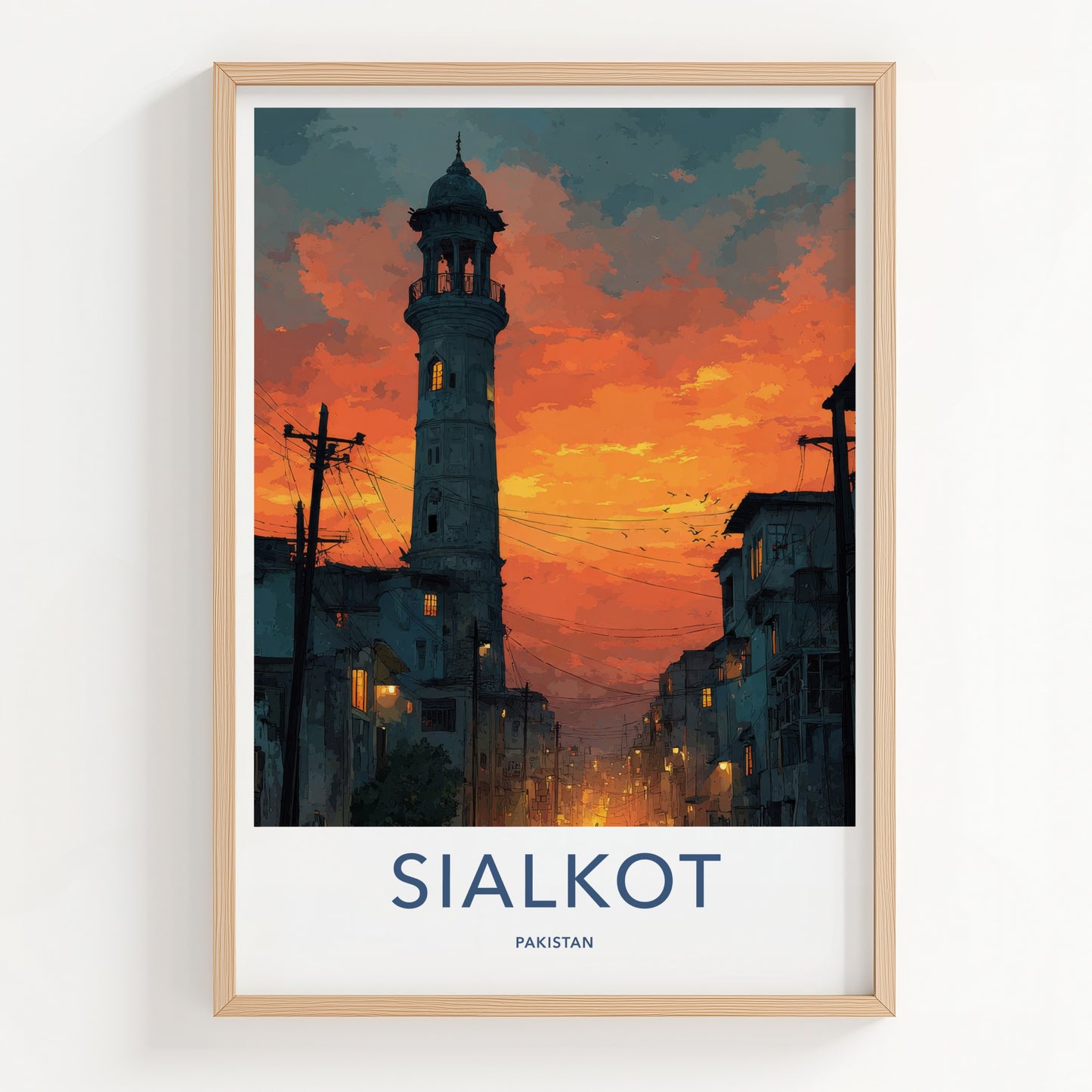 Sialkot Poster - Pakistan Travel Art - Sunset Minaret Lights Wall Decor