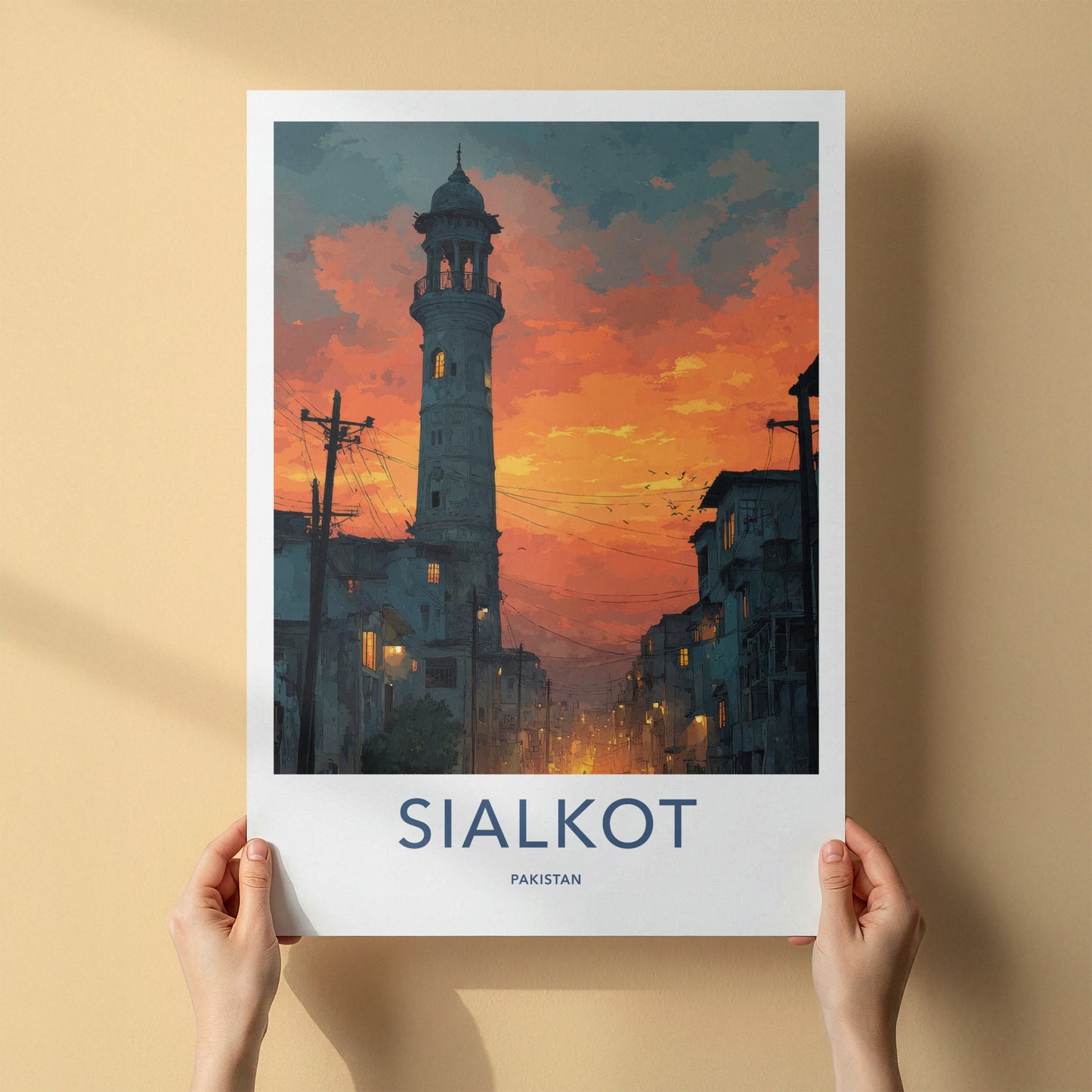 Sialkot Poster - Pakistan Travel Art - Sunset Minaret Lights Wall Decor