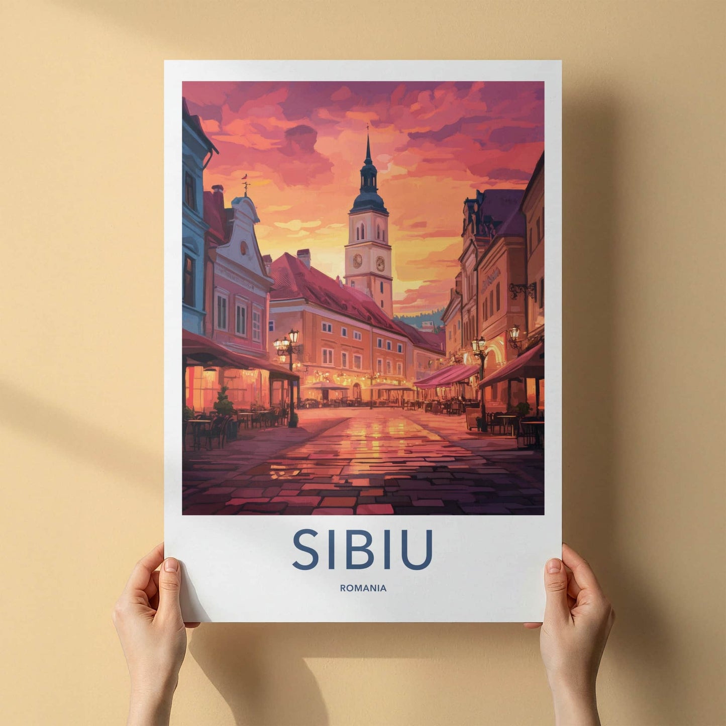 Sibiu Poster - Romania Travel Art - Vibrant Town Square Home Decor
