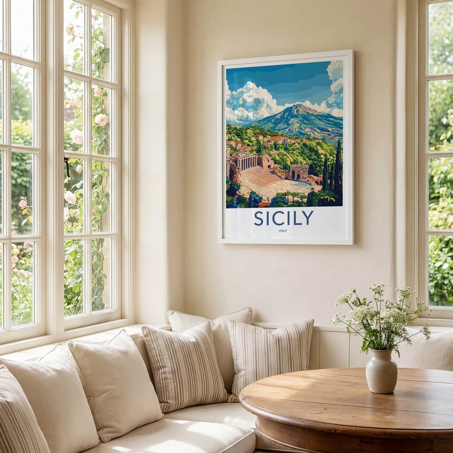 Sicily Poster - Italy Travel Art - Ancient Theater Etna Home Decor