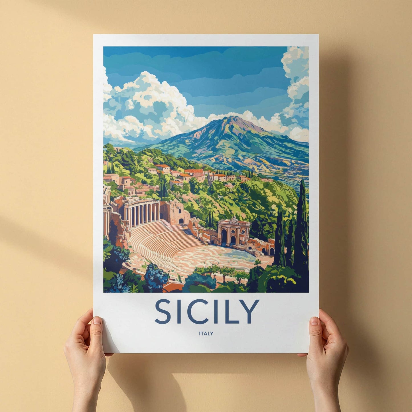 Sicily Poster - Italy Travel Art - Ancient Theater Etna Home Decor