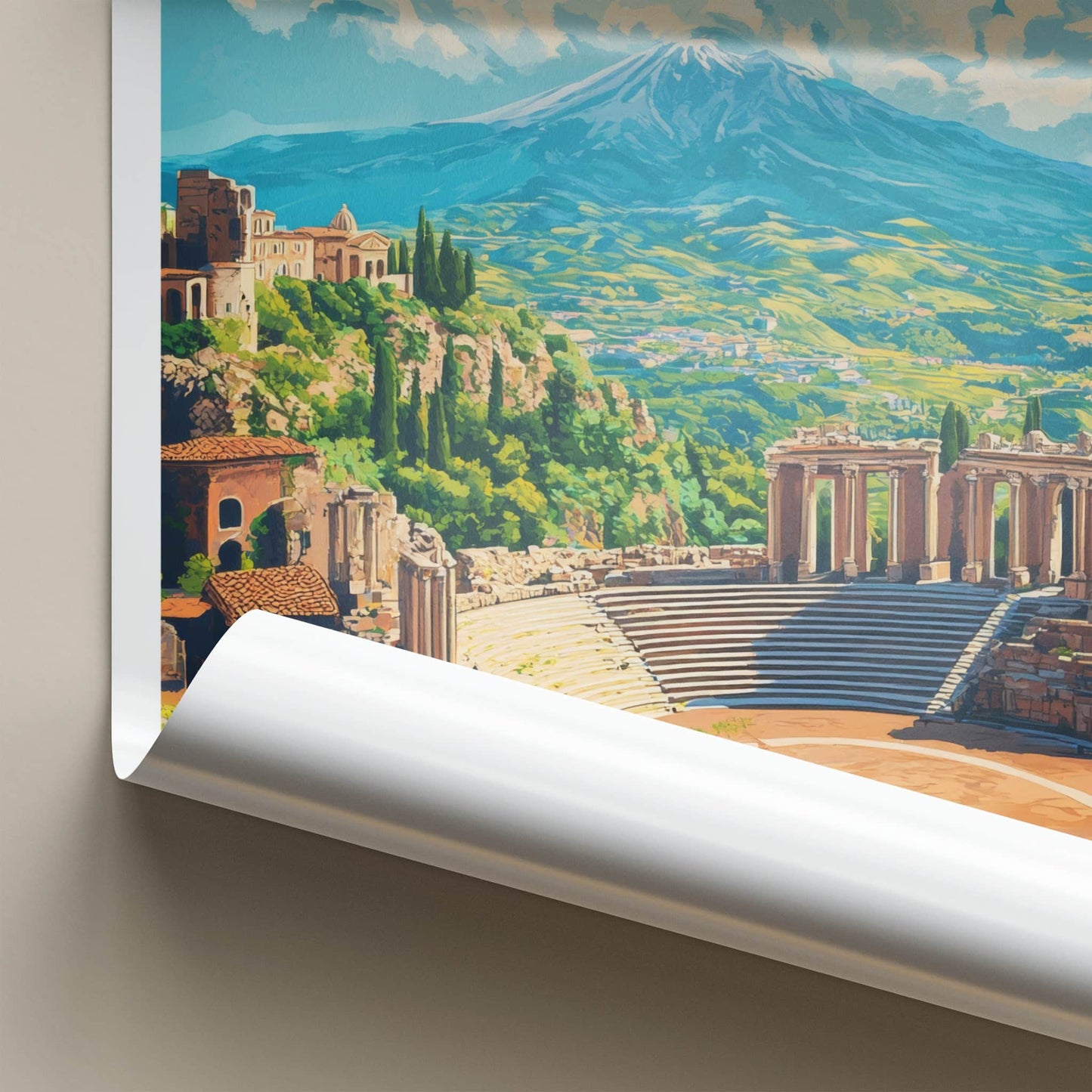 Sicily Poster - Italy Travel Art - Ancient Theater Etna Home Decor