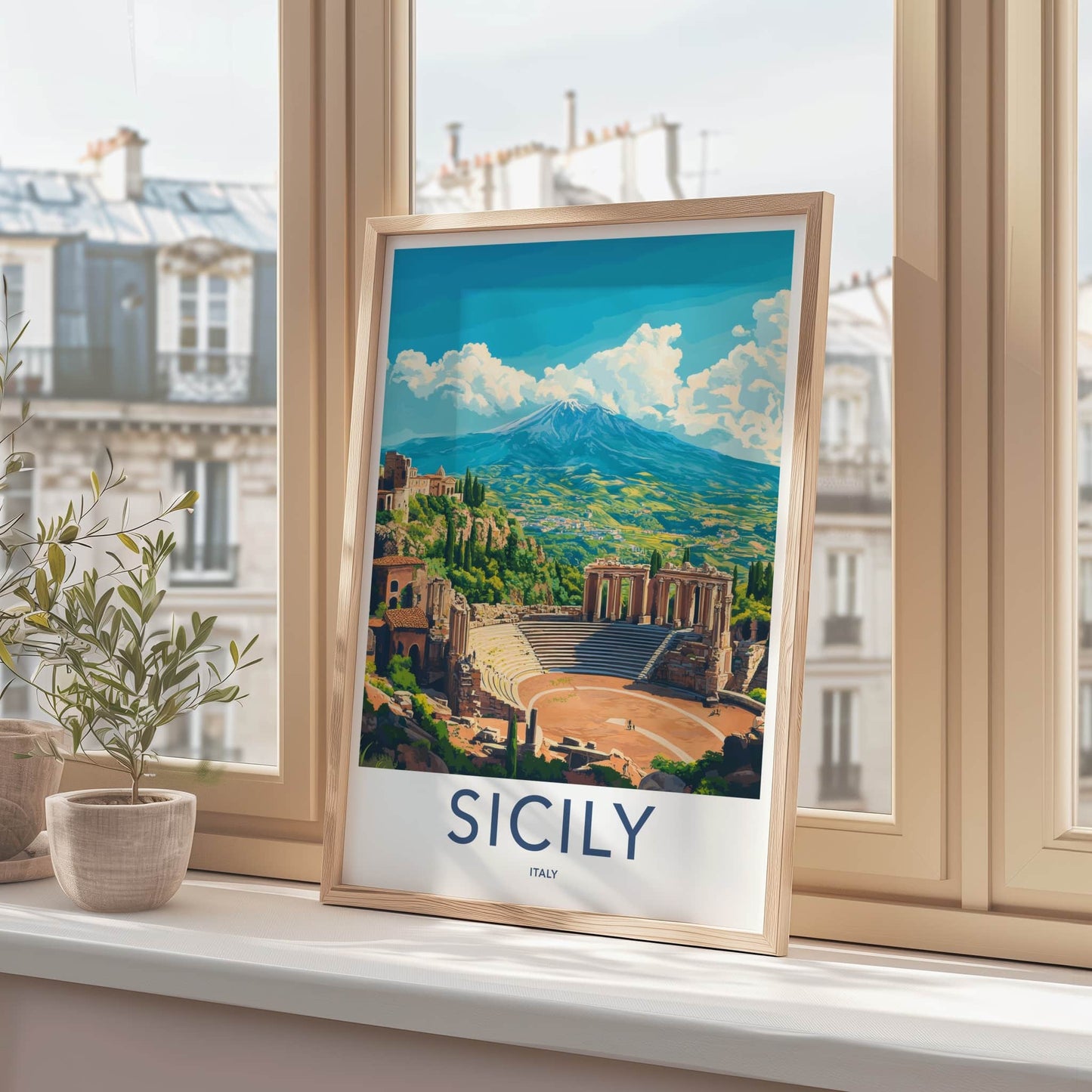 Sicily Poster - Italy Travel Art - Ancient Theater Etna Home Decor