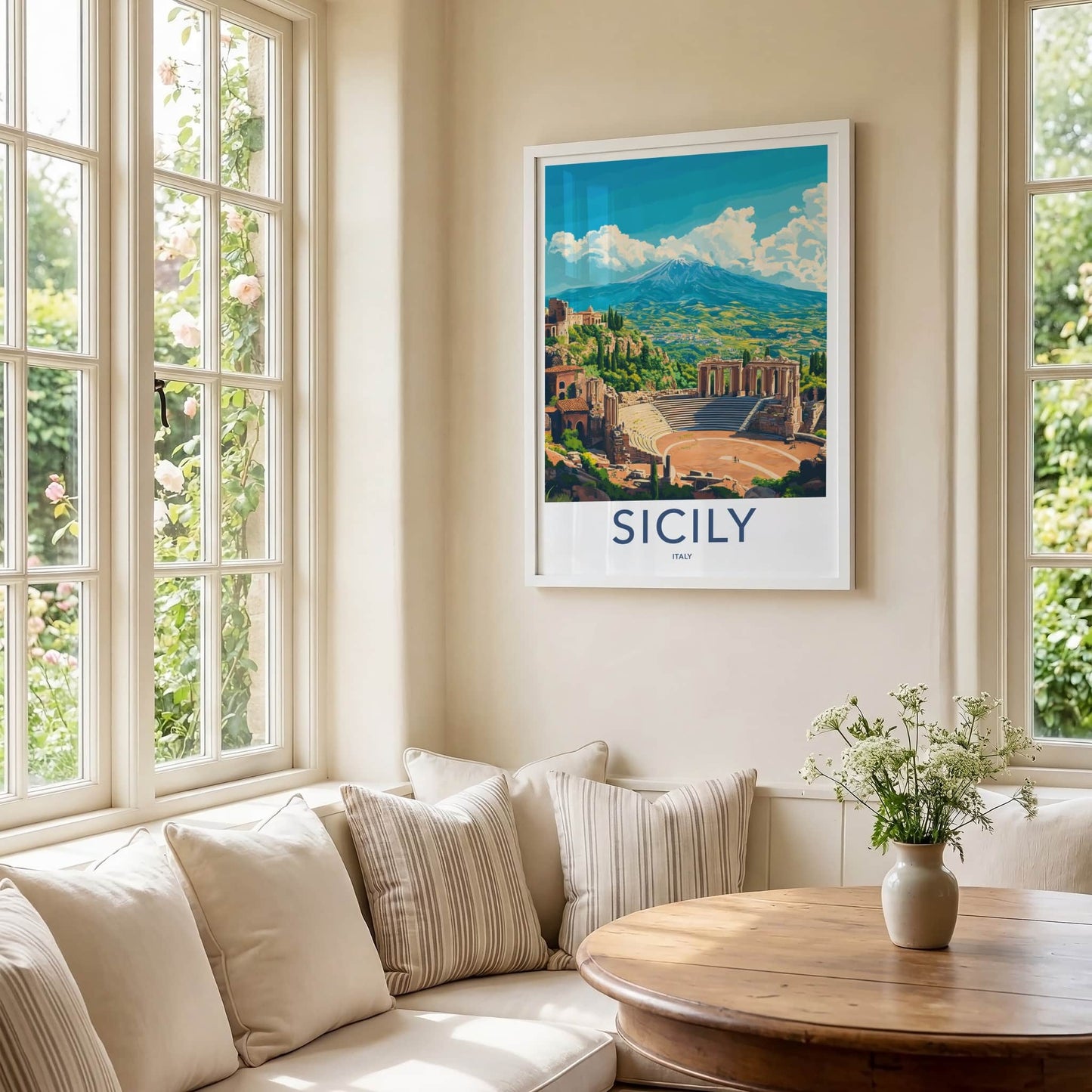 Sicily Poster - Italy Travel Art - Ancient Theater Etna Home Decor