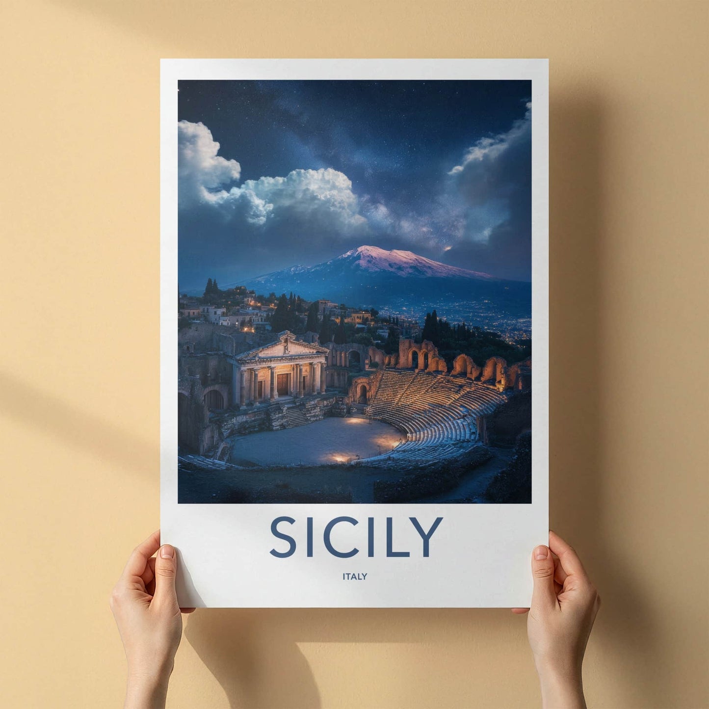 Sicily Poster - Italy Travel Art - Theater Mountain Stars Home Decor