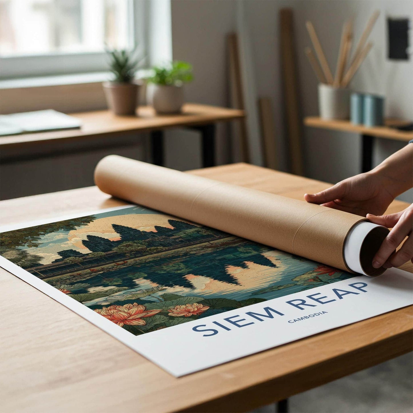 Siem Reap Poster - Cambodia Travel Art - Angkor Wat Reflection Wall Decor