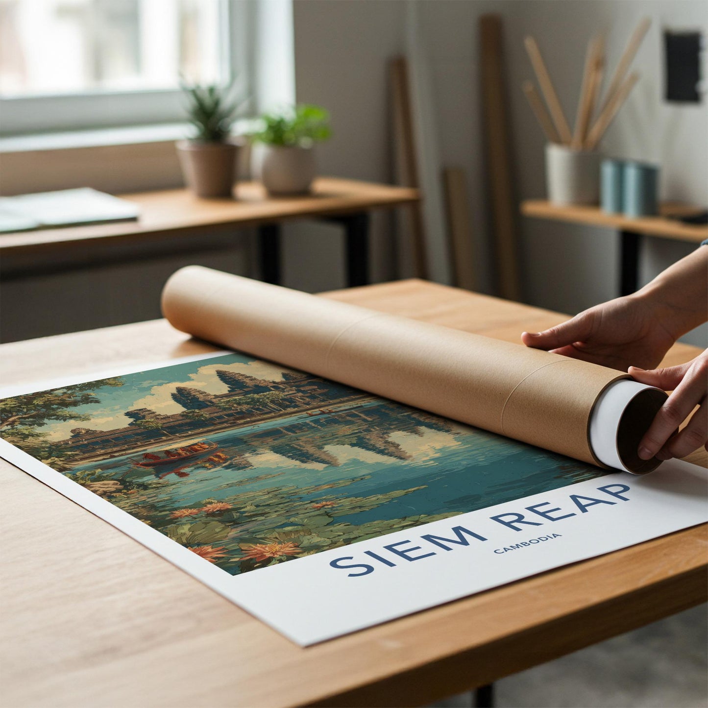 Siem Reap Poster - Cambodia Travel Art - Grand Temple Reflection Home Decor
