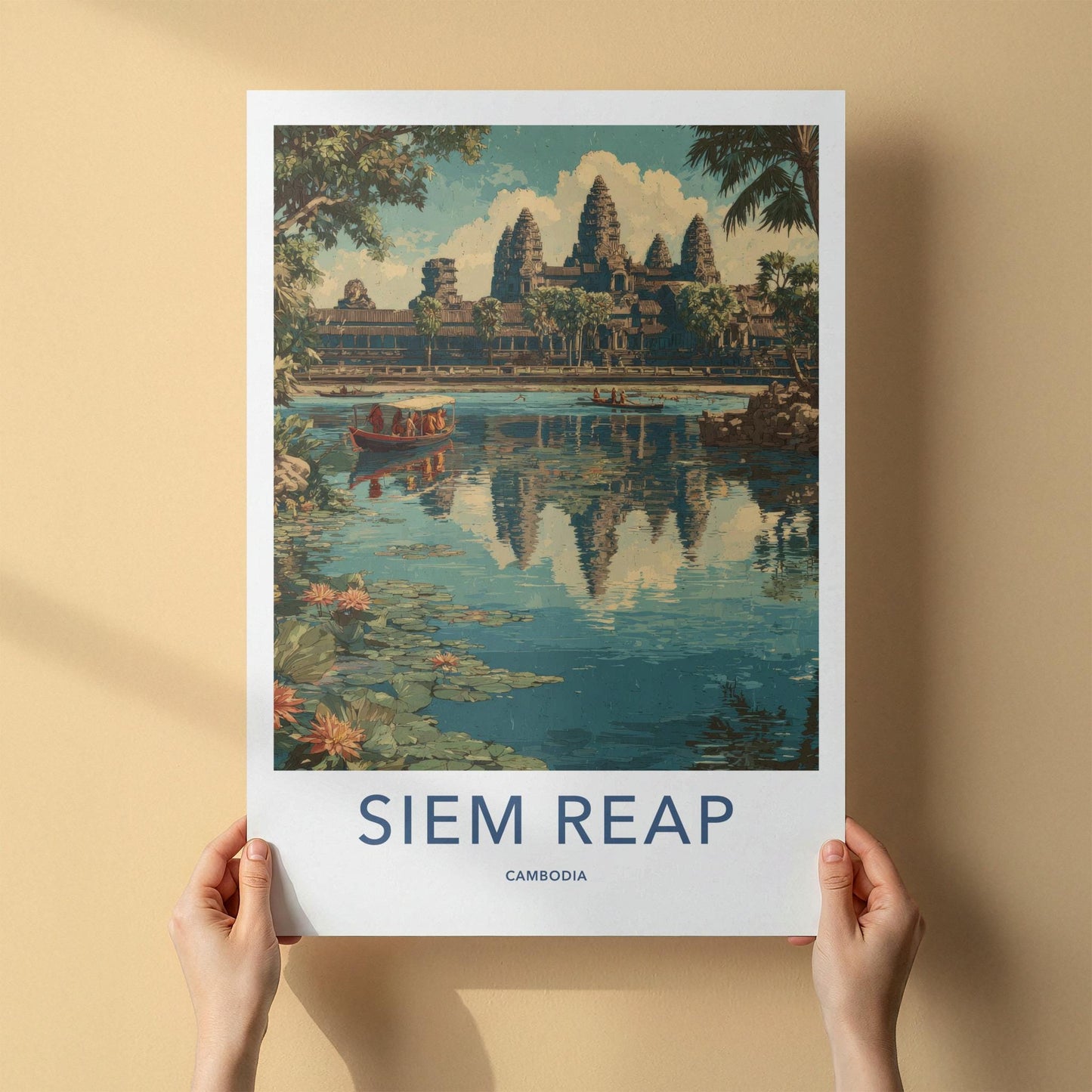 Siem Reap Poster - Cambodia Travel Art - Grand Temple Reflection Home Decor