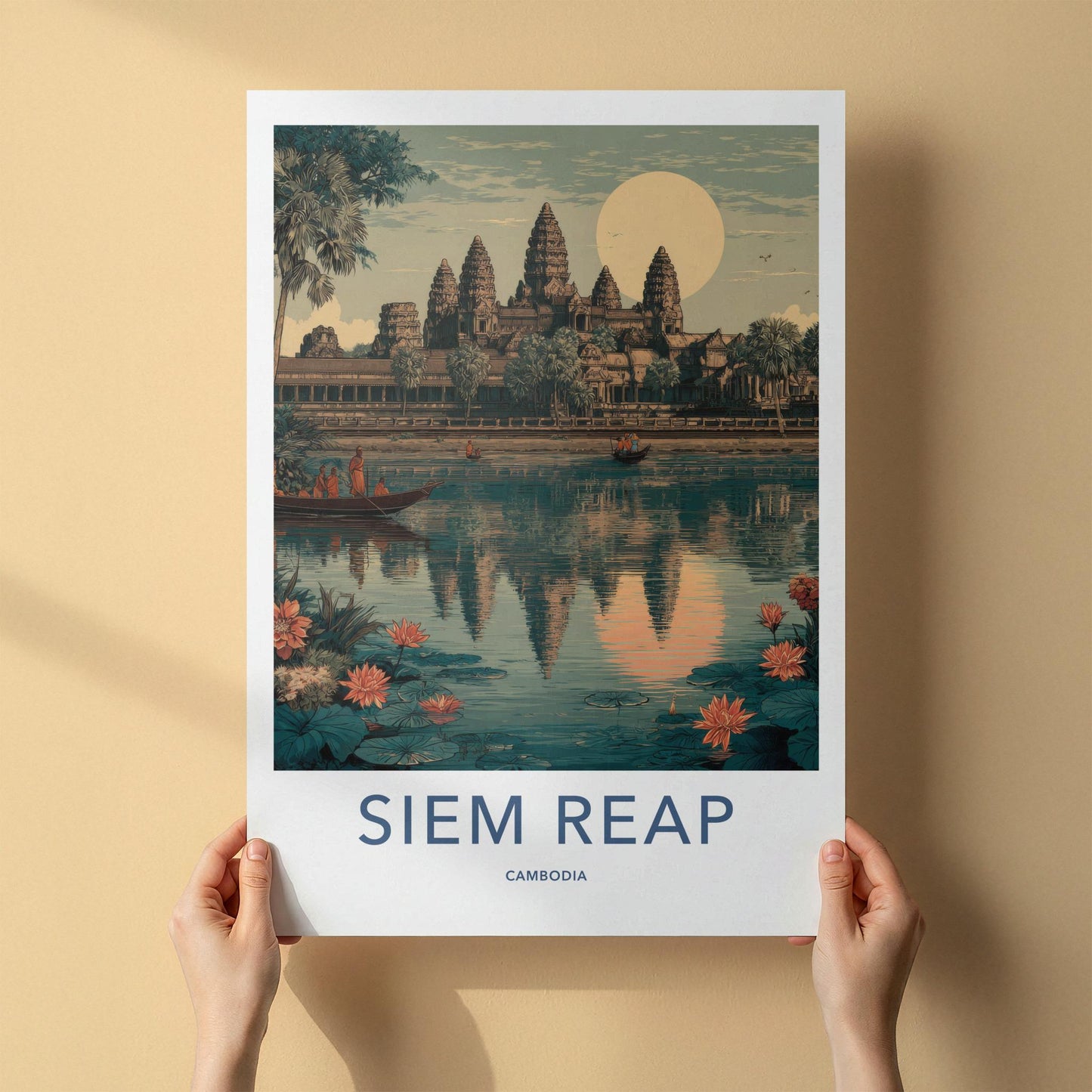 Siem Reap Poster - Cambodia Travel Art - Temple Water Lilies Wall Decor