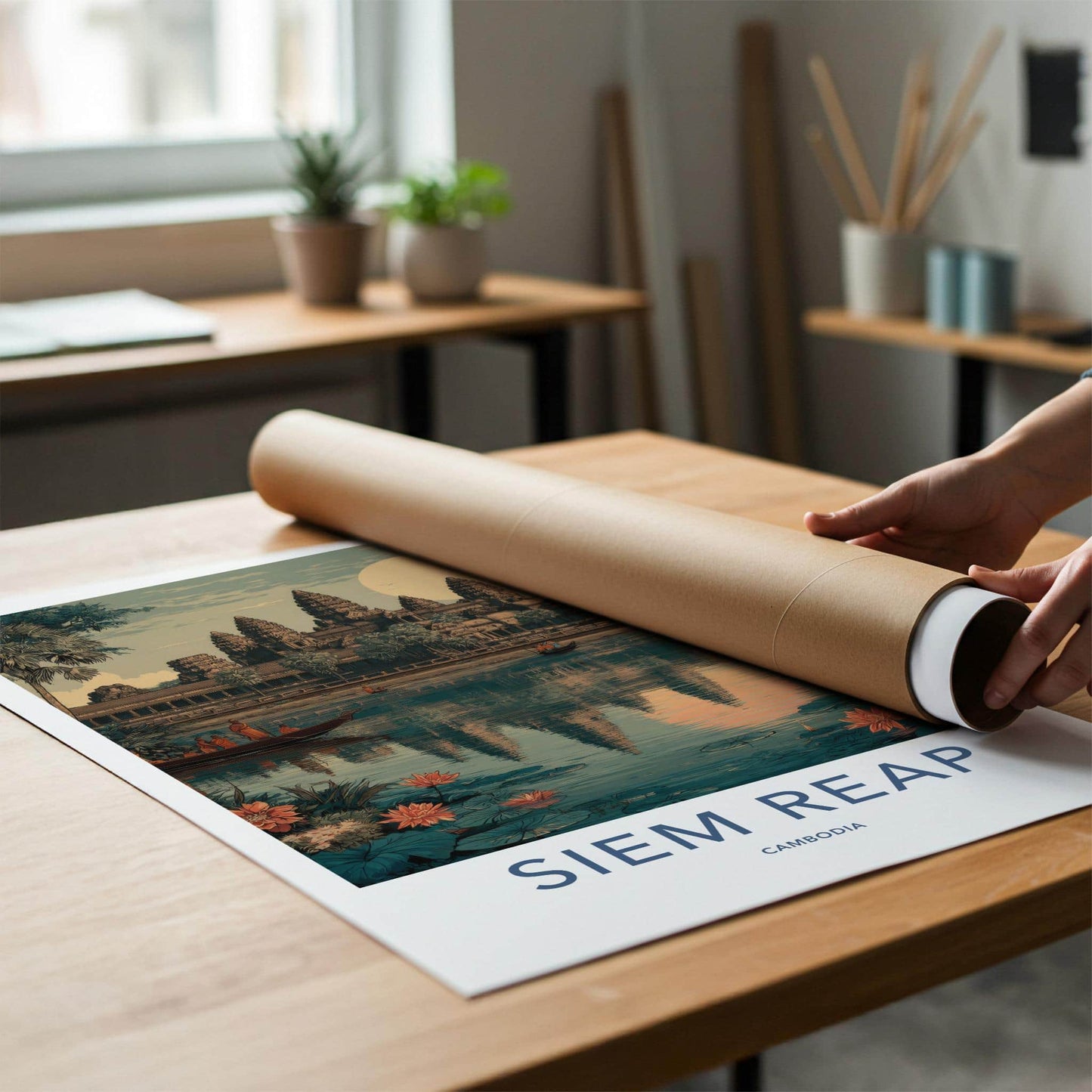 Siem Reap Poster - Cambodia Travel Art - Temple Water Lilies Wall Decor