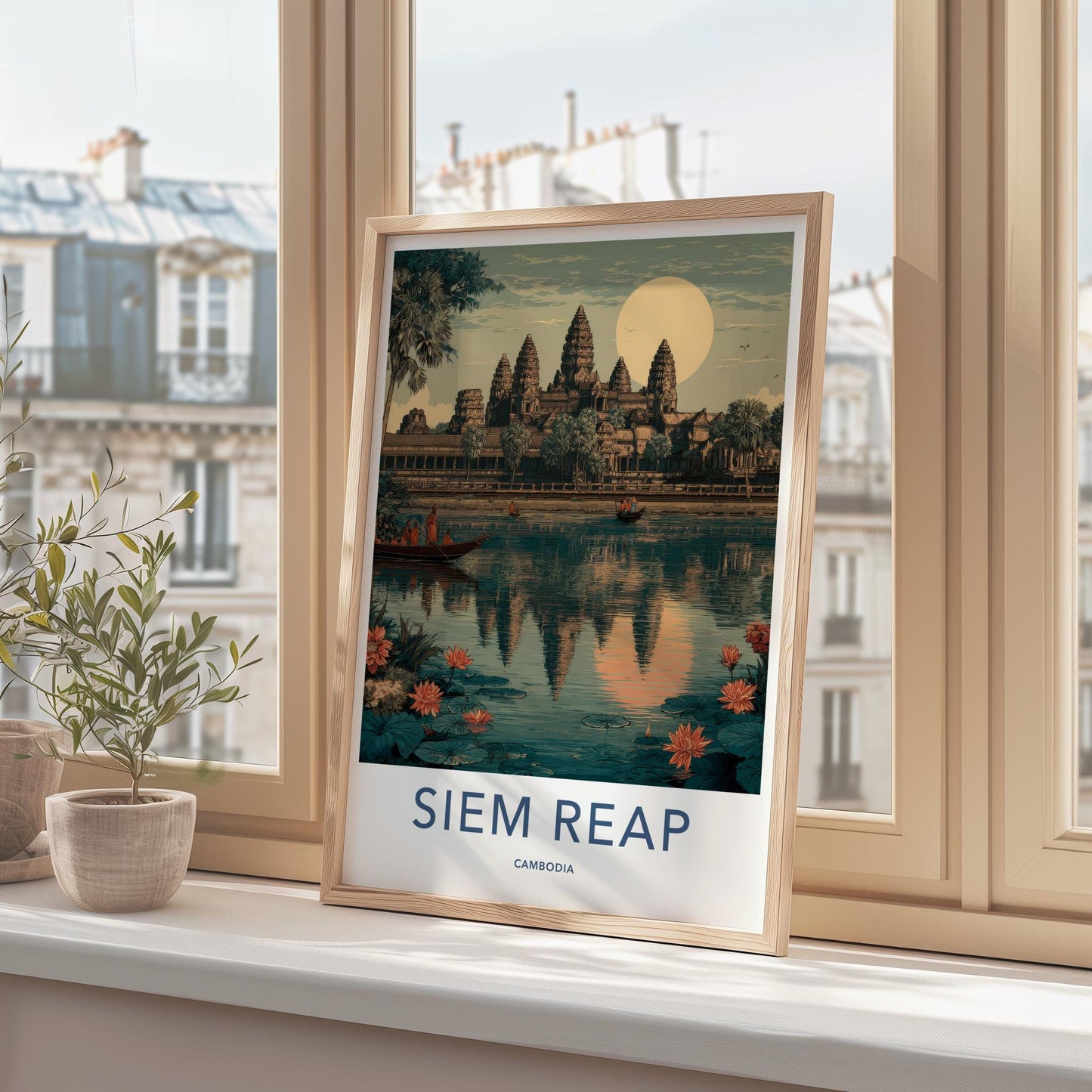 Siem Reap Poster - Cambodia Travel Art - Temple Water Lilies Wall Decor