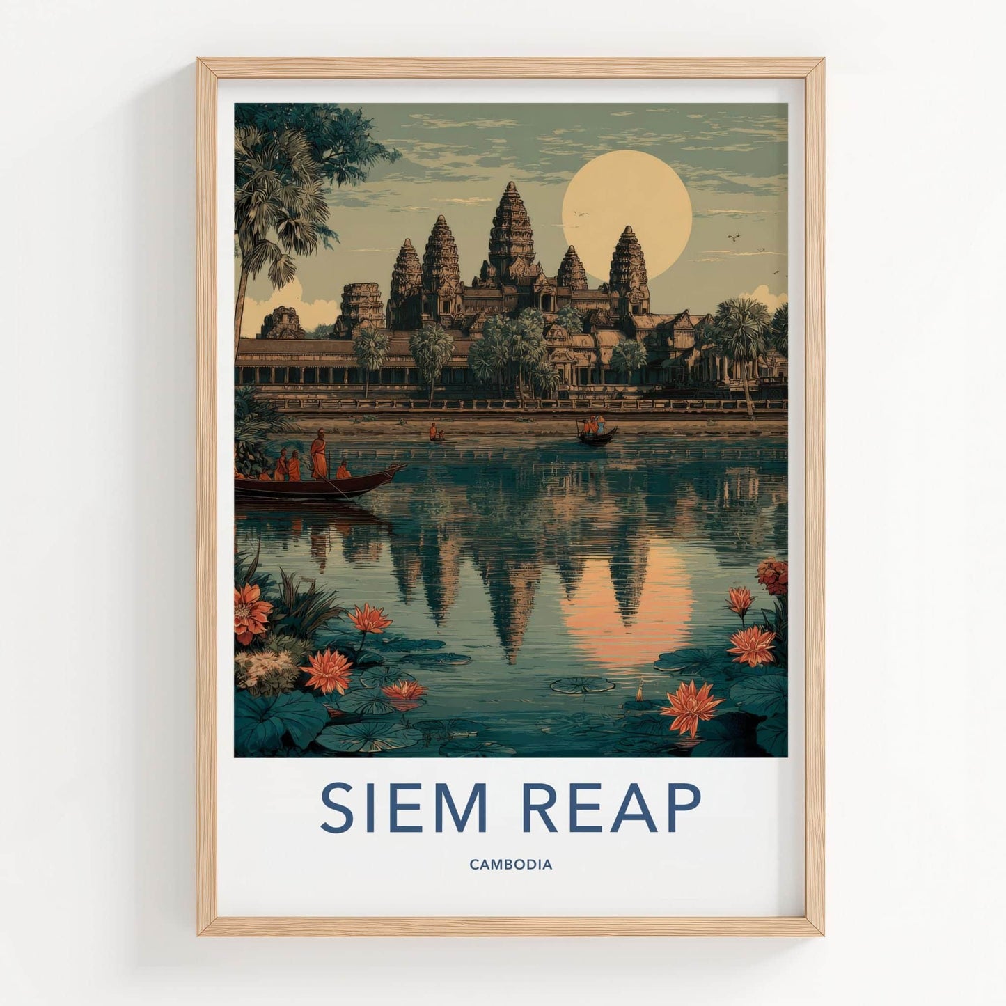 Siem Reap Poster - Cambodia Travel Art - Temple Water Lilies Wall Decor