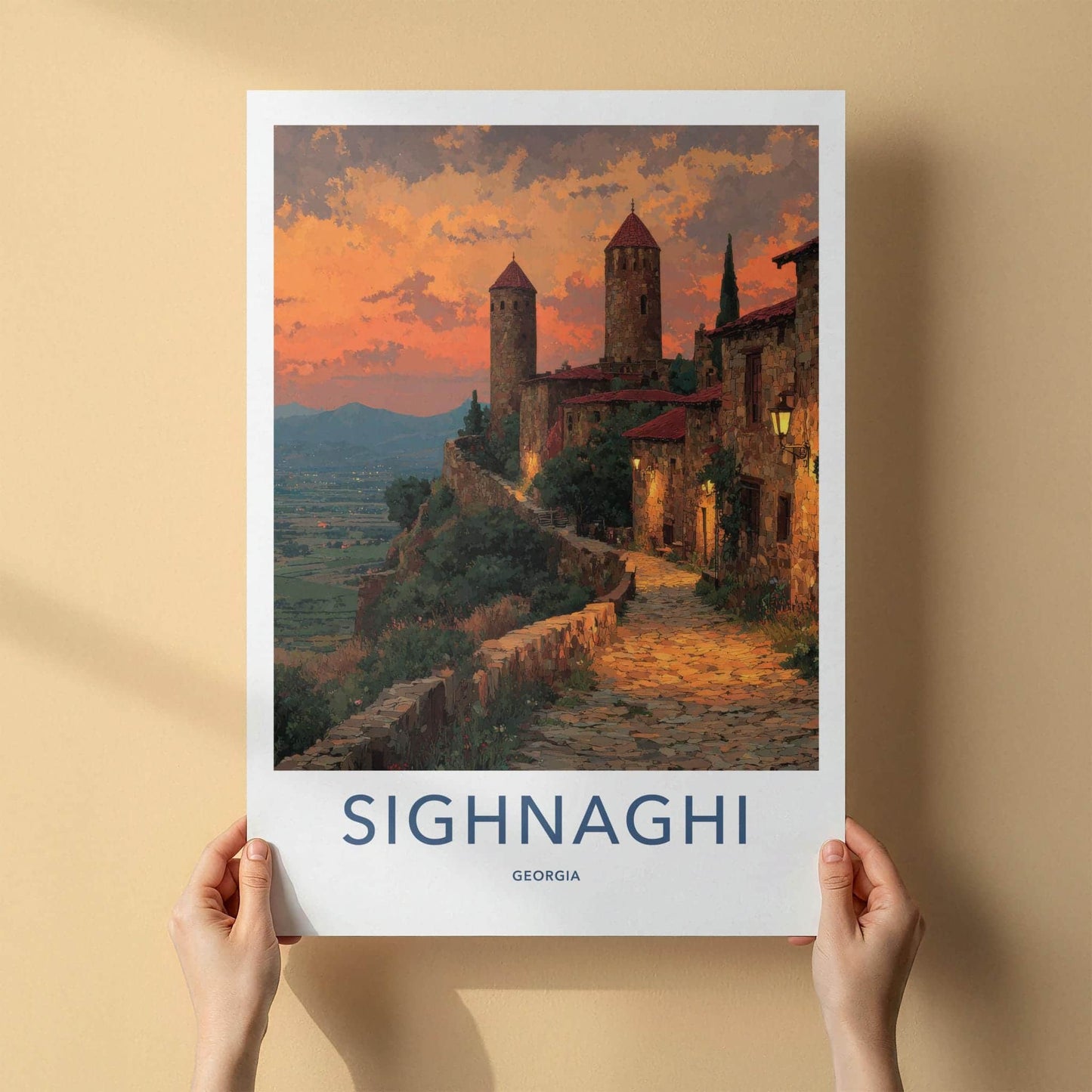 Sighnaghi Poster - Georgia Travel Art - Glowing Stone Towers Home Decor
