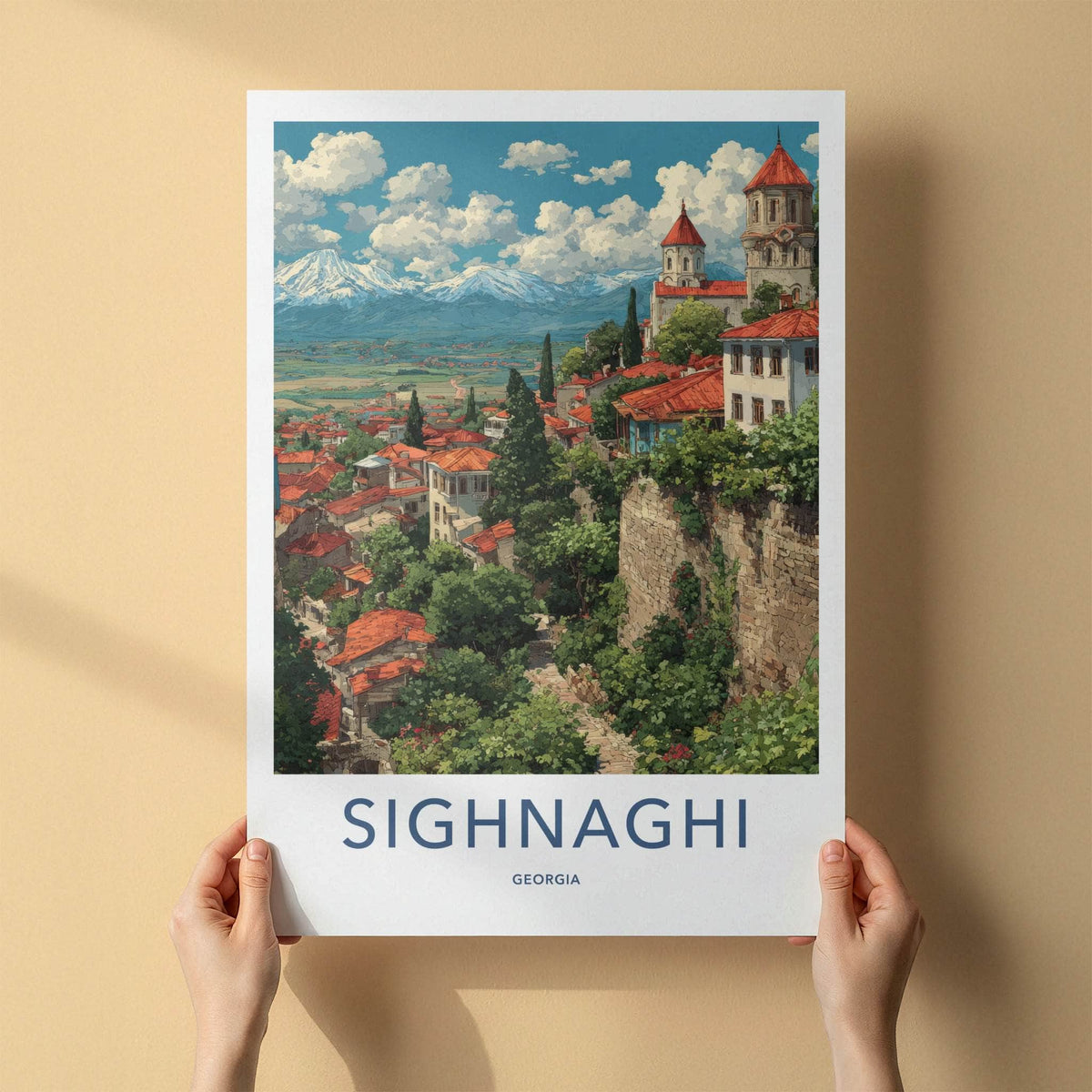 Sighnaghi Poster - Georgia Travel Print - Terracotta Roofs Church Gallery Art