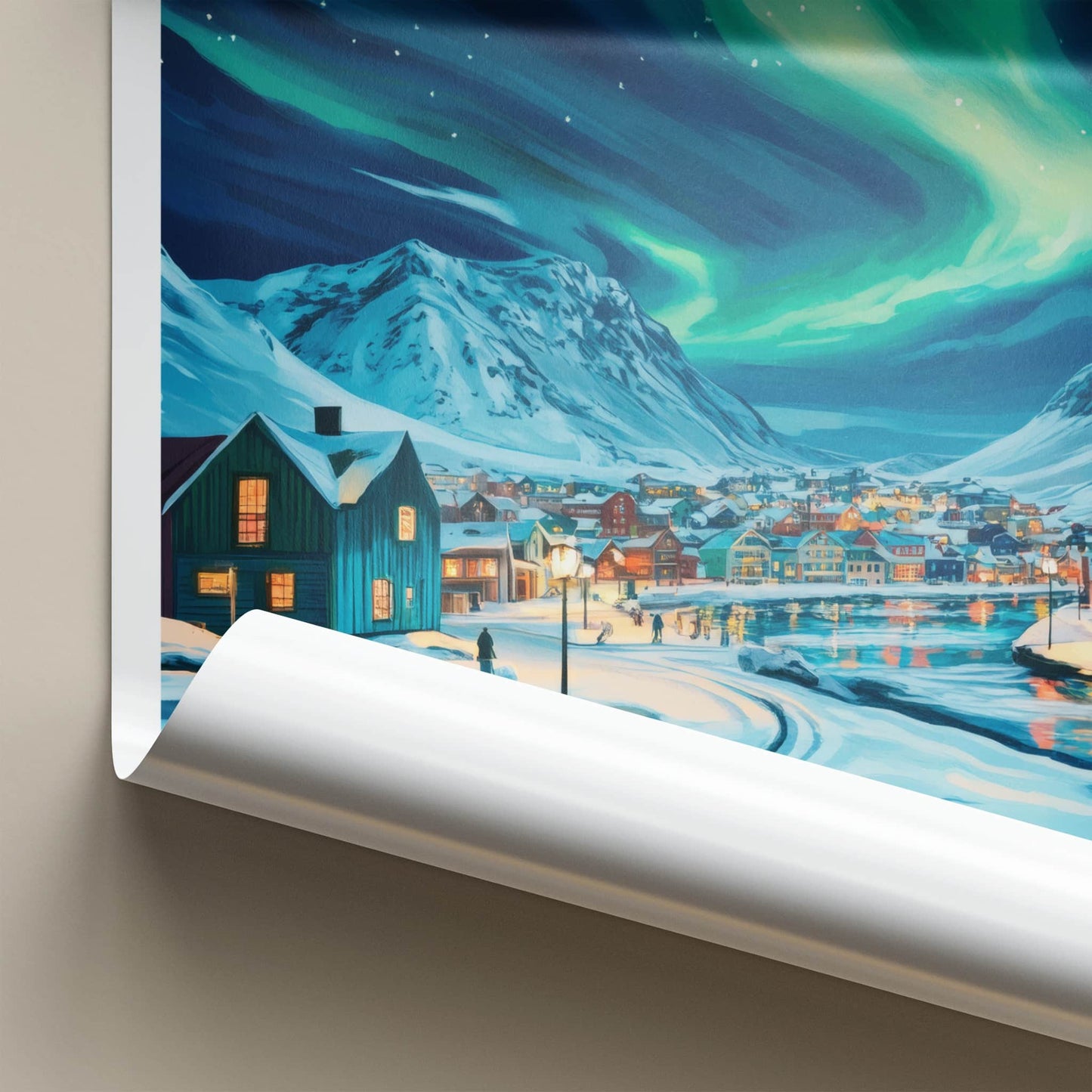 Siglufjordur Poster - Iceland Travel Art - Aurora Snowy Village Wall Decor