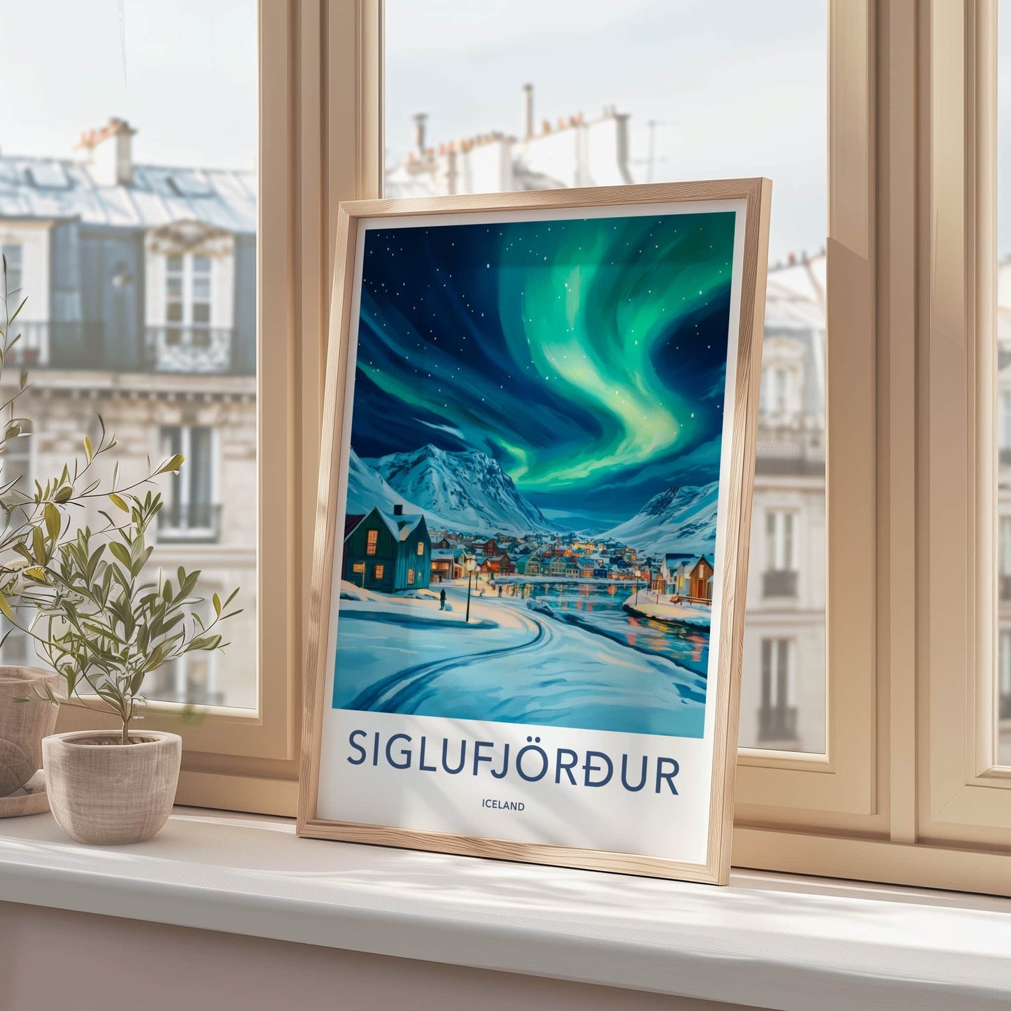Siglufjordur Poster - Iceland Travel Art - Aurora Snowy Village Wall Decor