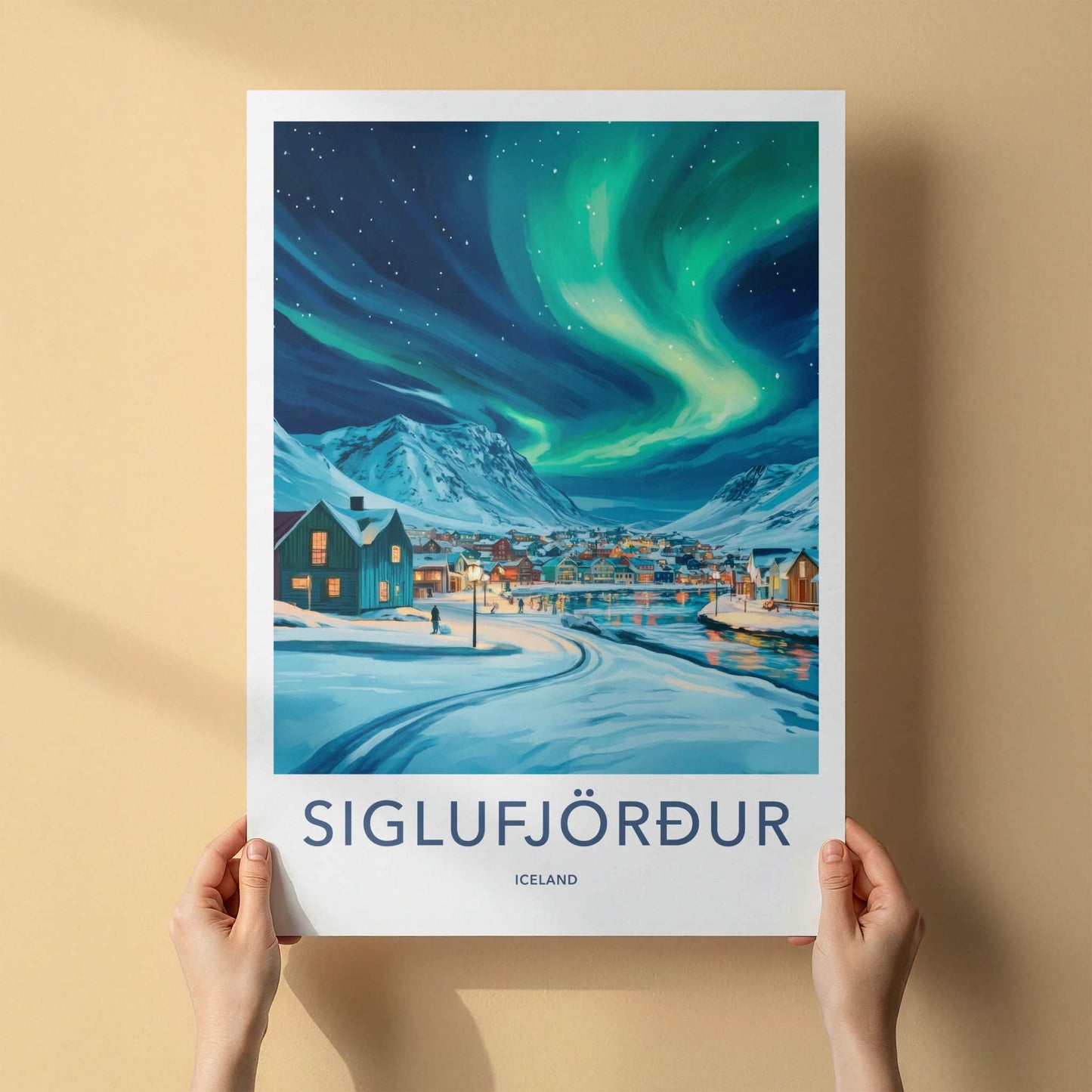 Siglufjordur Poster - Iceland Travel Art - Aurora Snowy Village Wall Decor