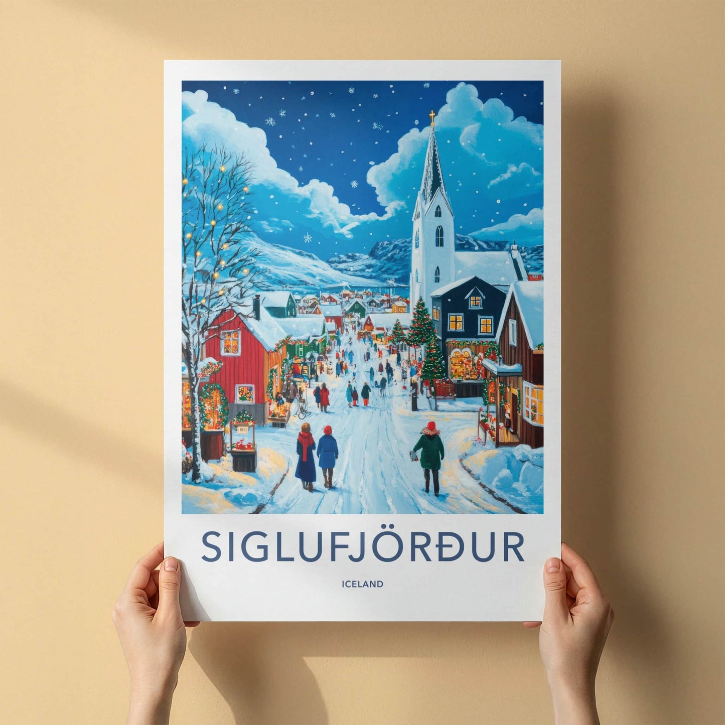 Siglufjordur Poster - Iceland Travel Art - Snowy Festive Village Home Decor