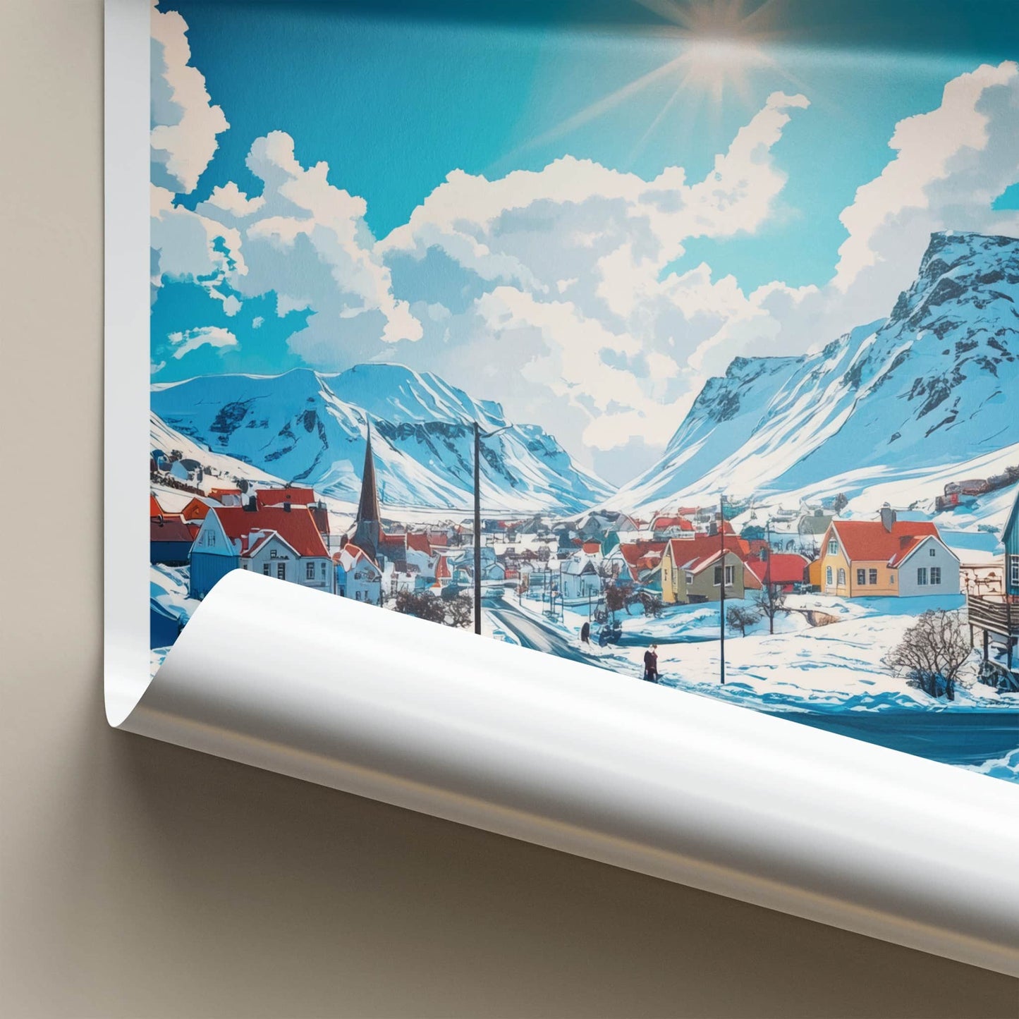 Siglufjordur Poster - Iceland Travel Art - Snowy Mountain Village Home Decor