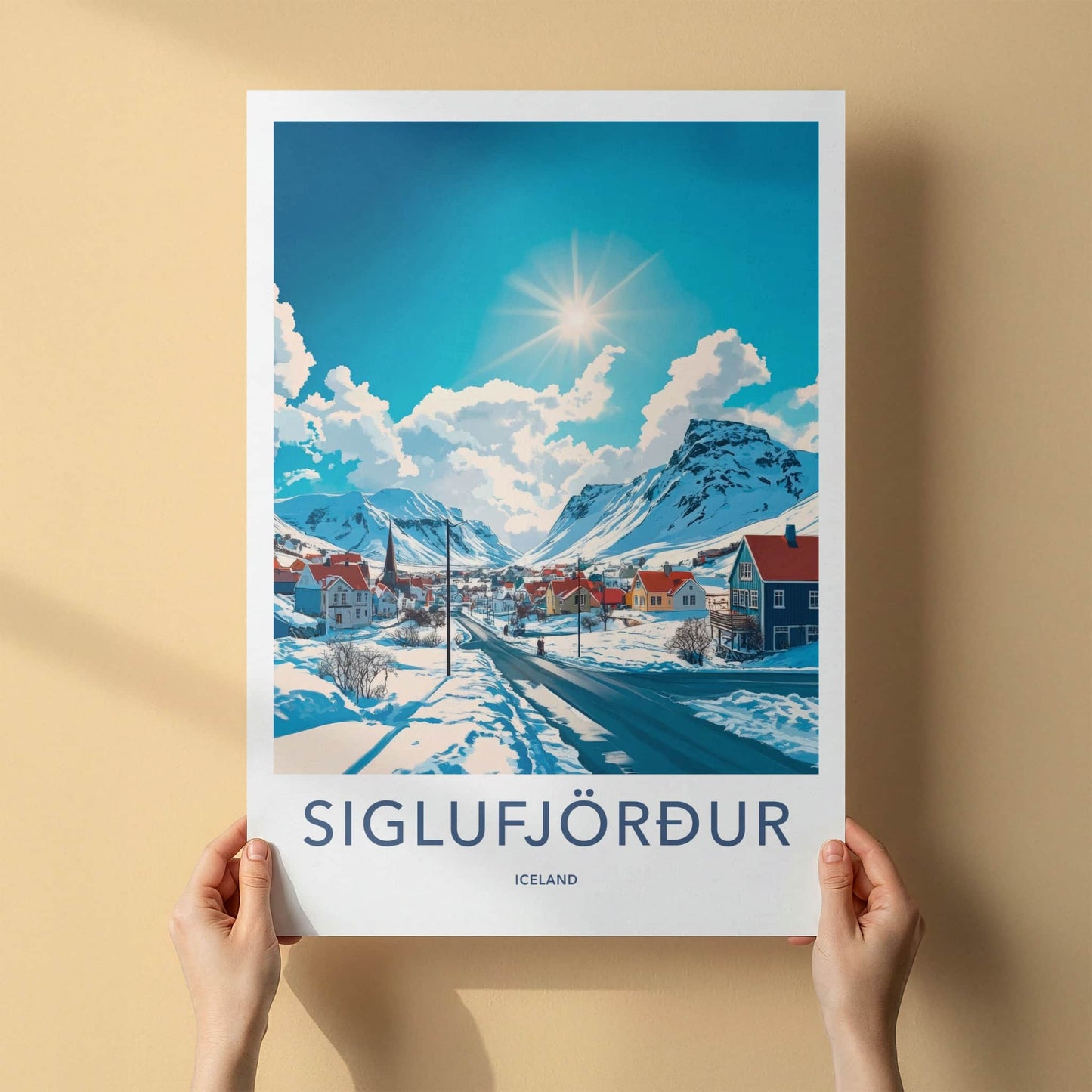 Siglufjordur Poster - Iceland Travel Art - Snowy Mountain Village Home Decor