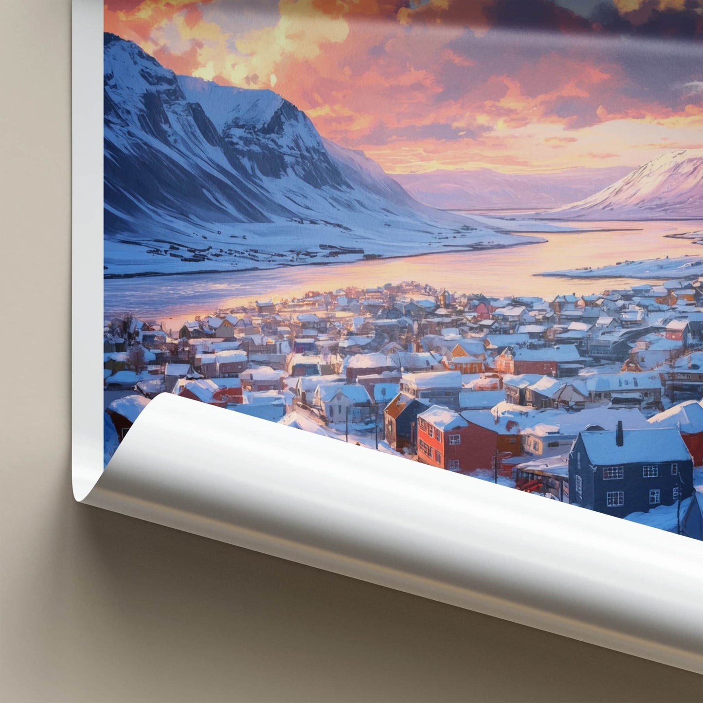 Siglufjordur Poster - Iceland Travel Art - Winter Village Sunset Home Decor