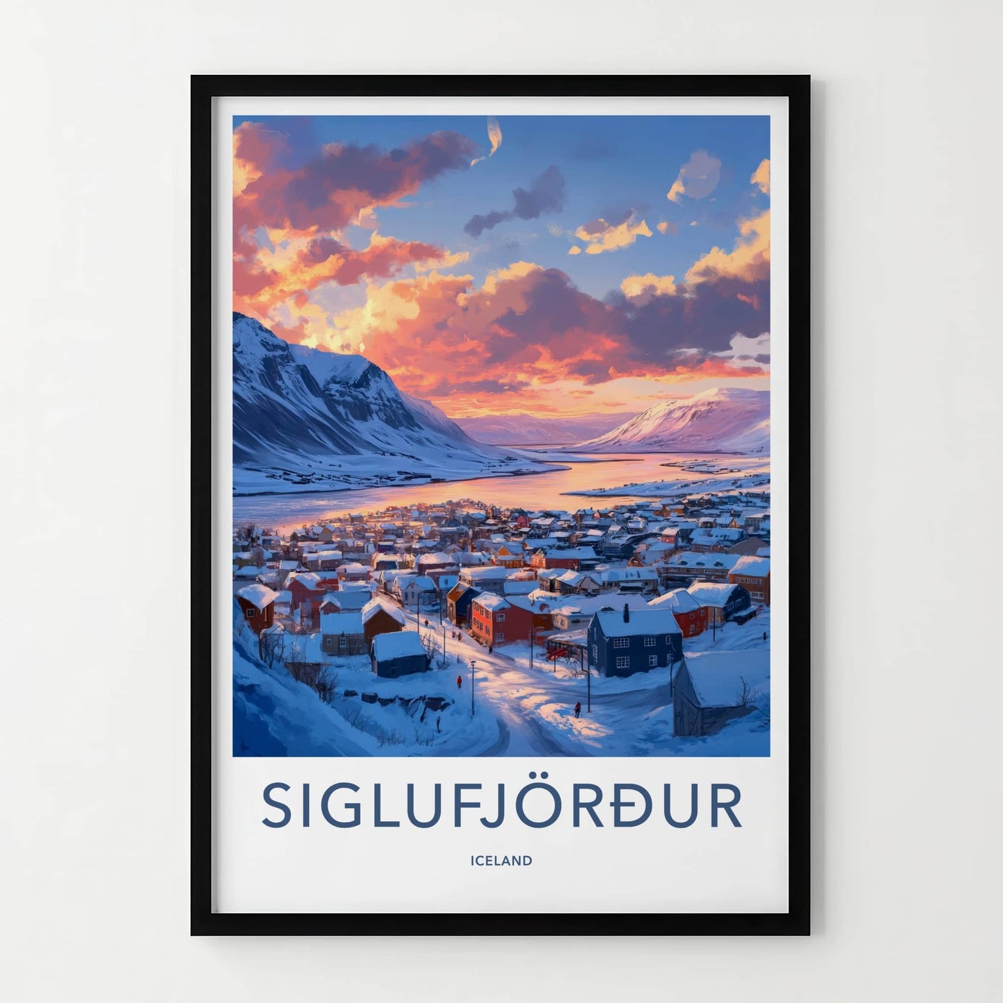 Siglufjordur Poster - Iceland Travel Art - Winter Village Sunset Home Decor