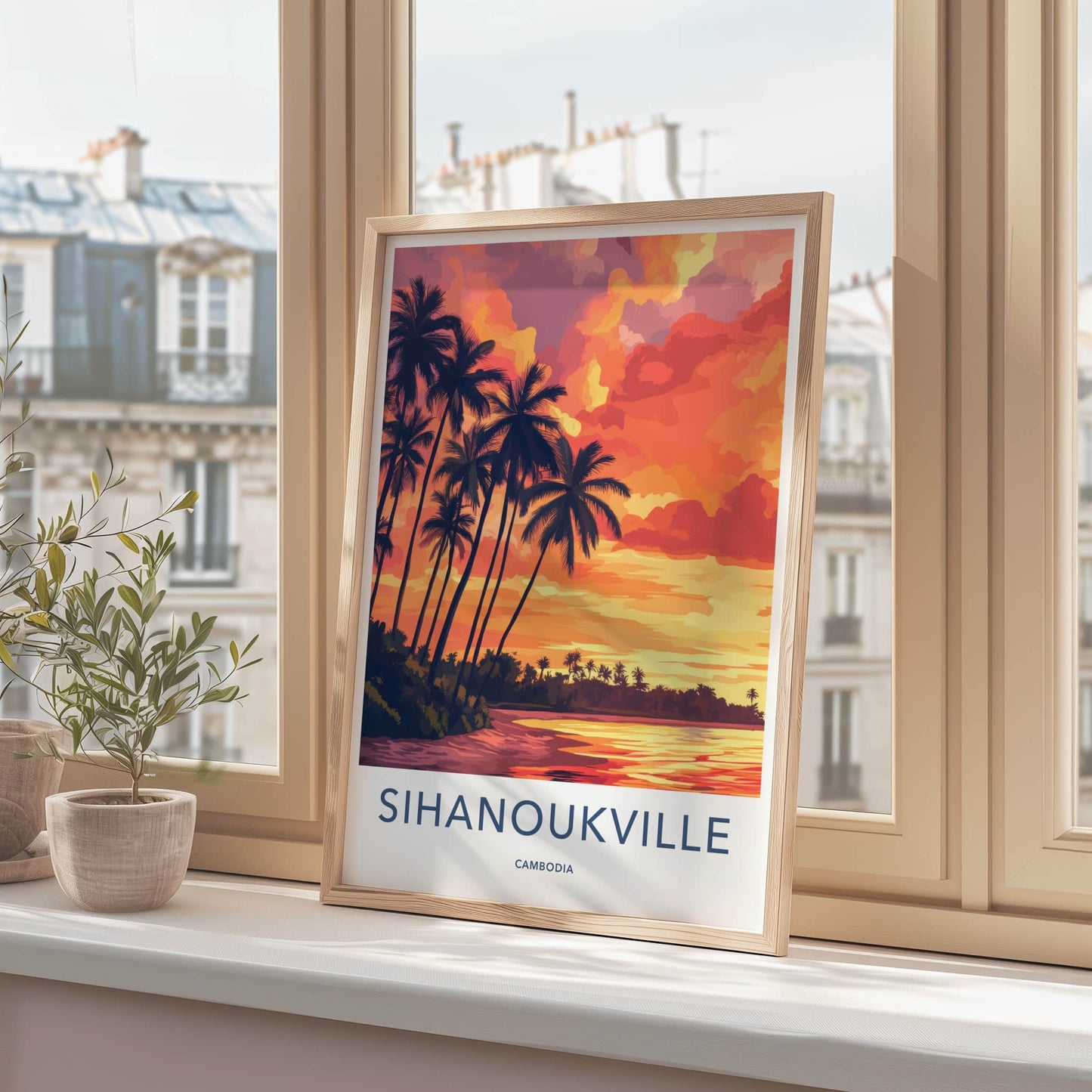 Sihanoukville Poster - Cambodia Travel Art - Fiery Beach Sunset Home Decor