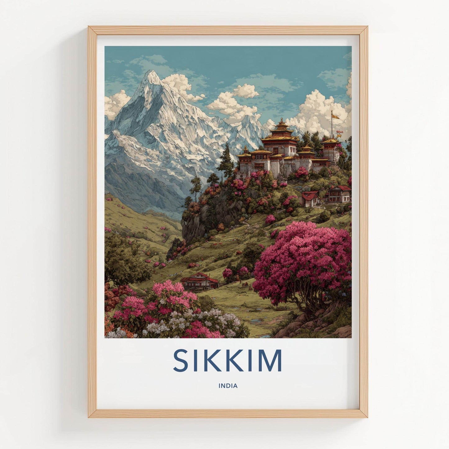 Sikkim Poster - India Travel Art - Sikkim Monastery Mountain Blossoms Home Decor