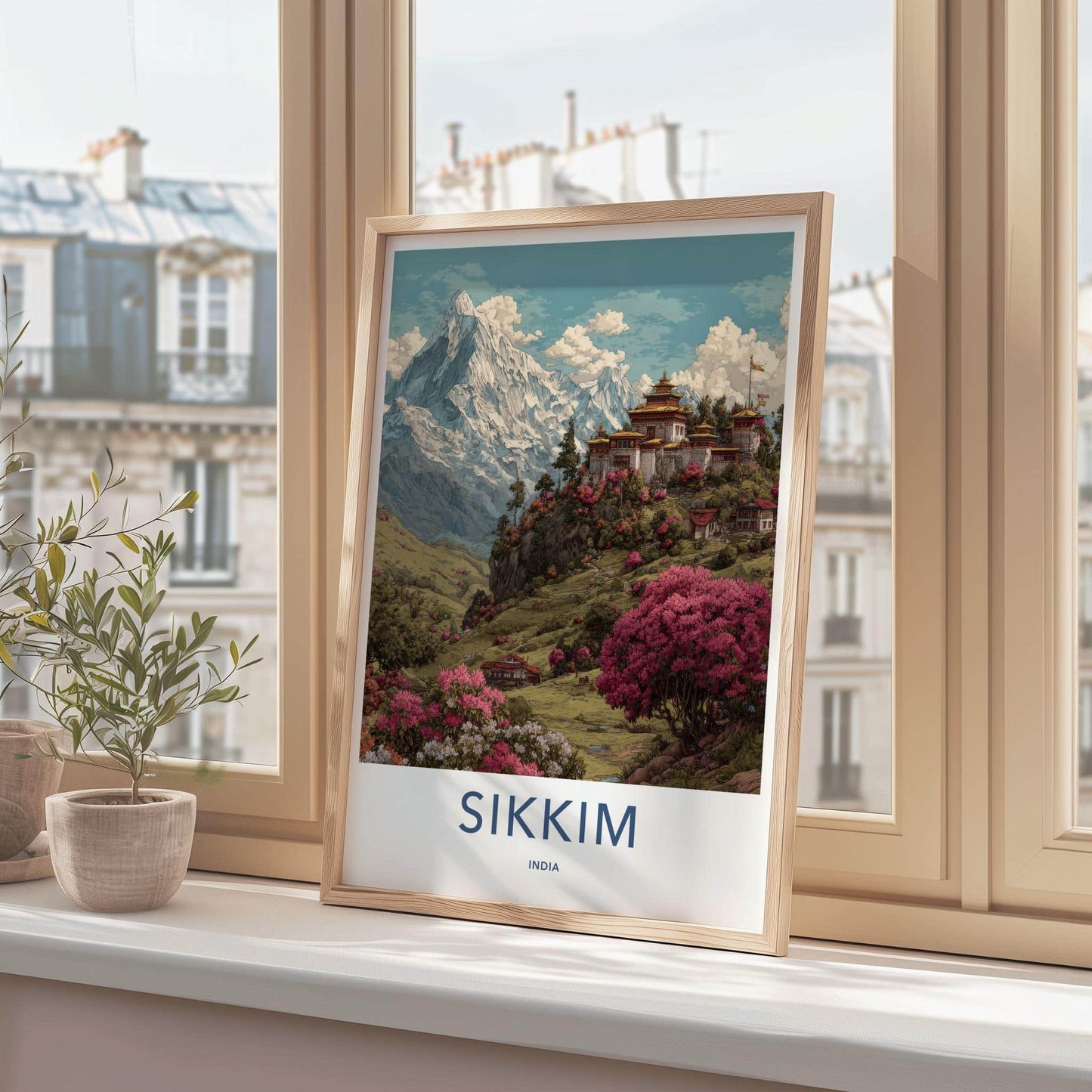 Sikkim Poster - India Travel Art - Sikkim Monastery Mountain Blossoms Home Decor