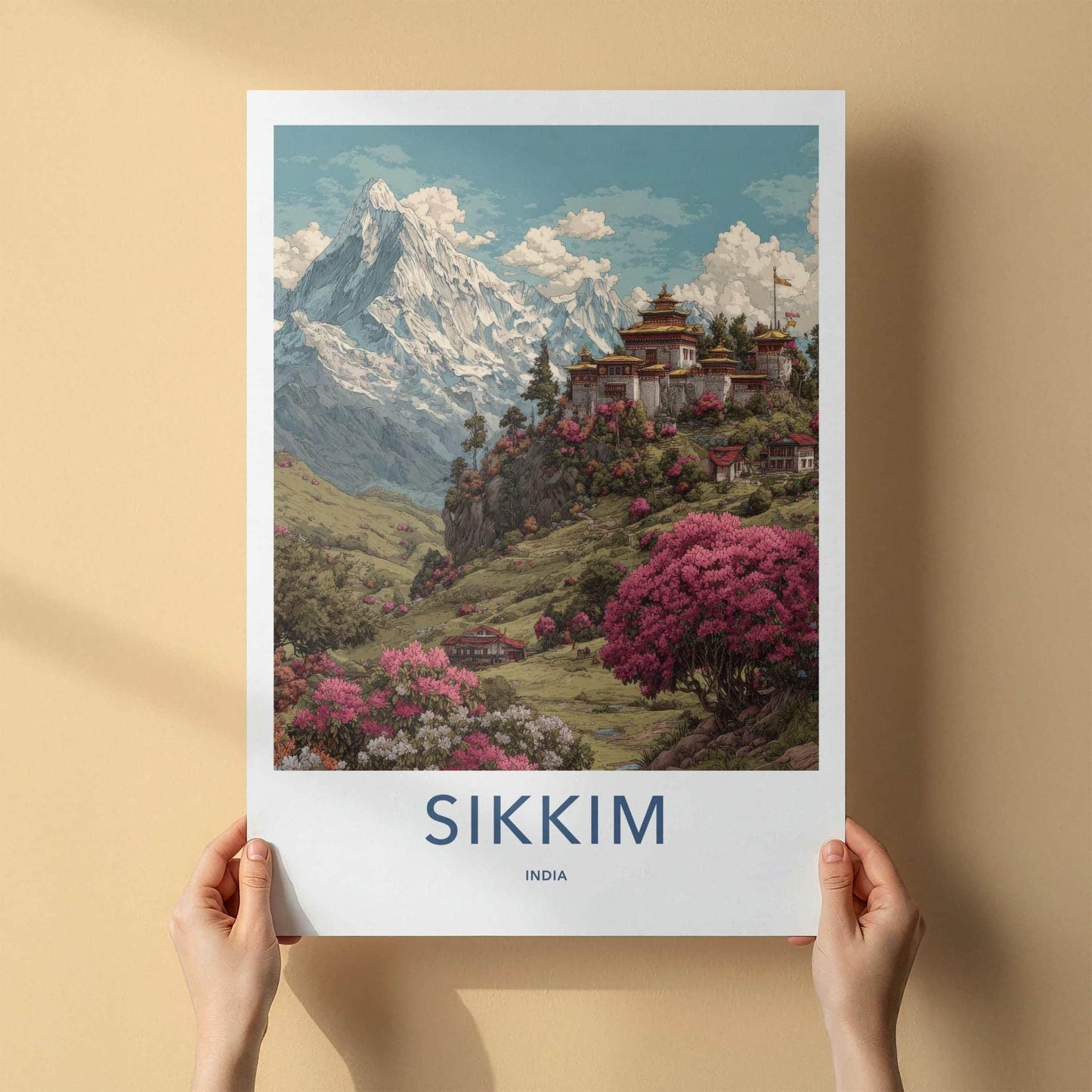 Sikkim Poster - India Travel Art - Sikkim Monastery Mountain Blossoms Home Decor