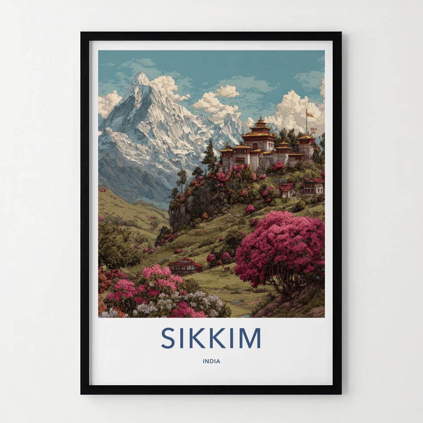 Sikkim Poster - India Travel Art - Sikkim Monastery Mountain Blossoms Home Decor