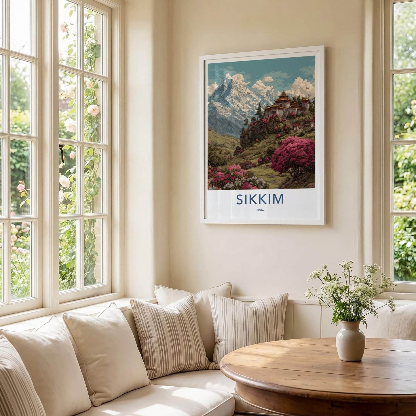 Sikkim Poster - India Travel Art - Sikkim Monastery Mountain Blossoms Home Decor
